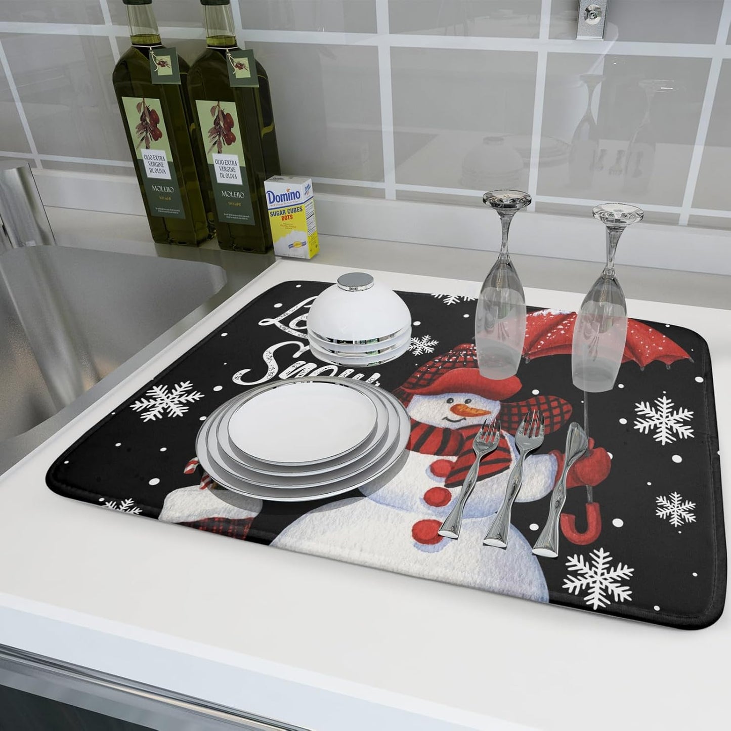 Black Snowman Dish Drying Mats for Kitchen Counter, Winter Snowflake Dish Mat Absorbent Reversible Microfiber Dish Drying Pad Christmas Kitchen Drying Mat Dish Drainer Rack Mats for Bar 18”x24”