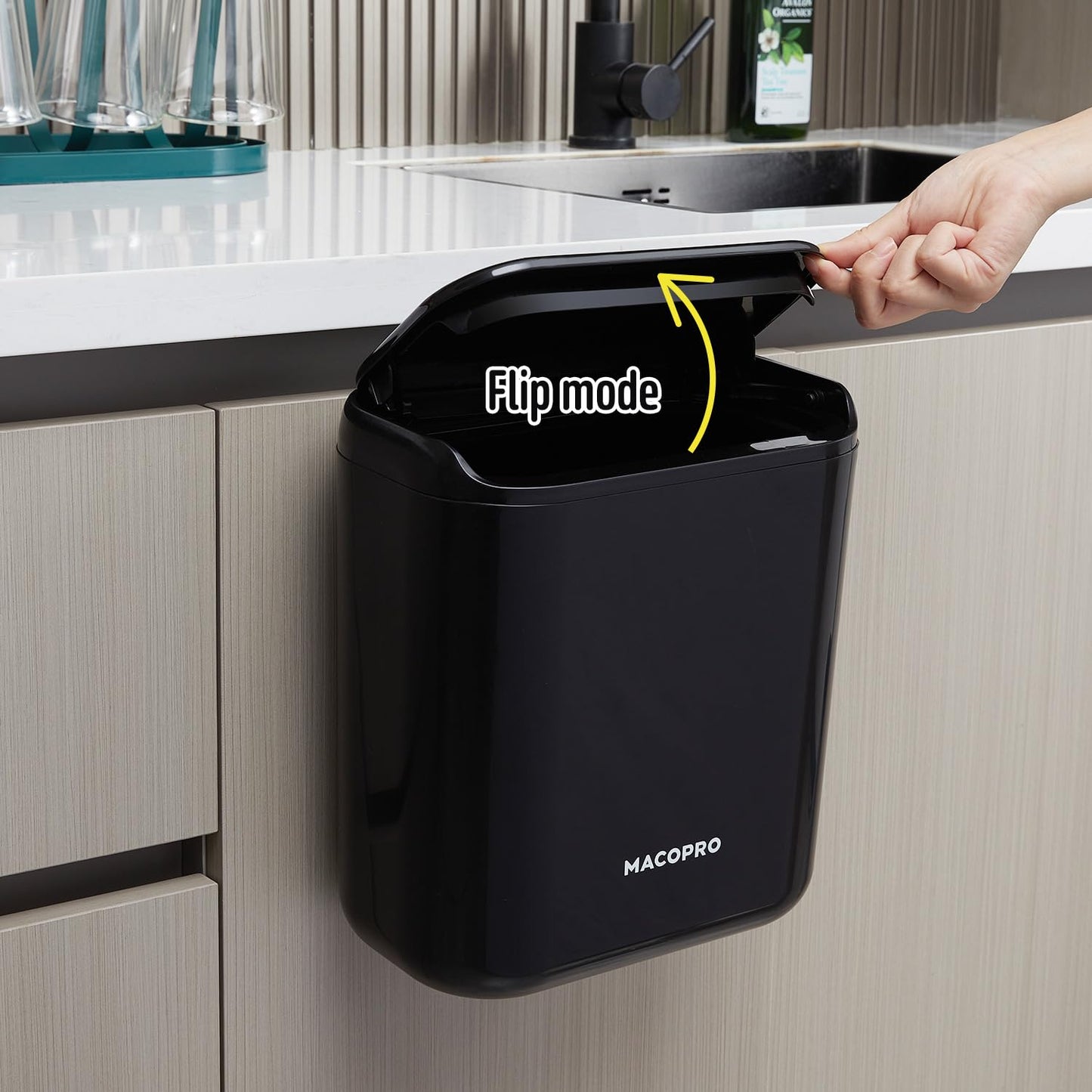 Compost Bin Hanging Trash Can with Lid Under Sink for Kitchen, Food Waste Bin for Countertop with Lid, Mountable Garbage Can for Bathroom, RV, 8L/2.6Gal