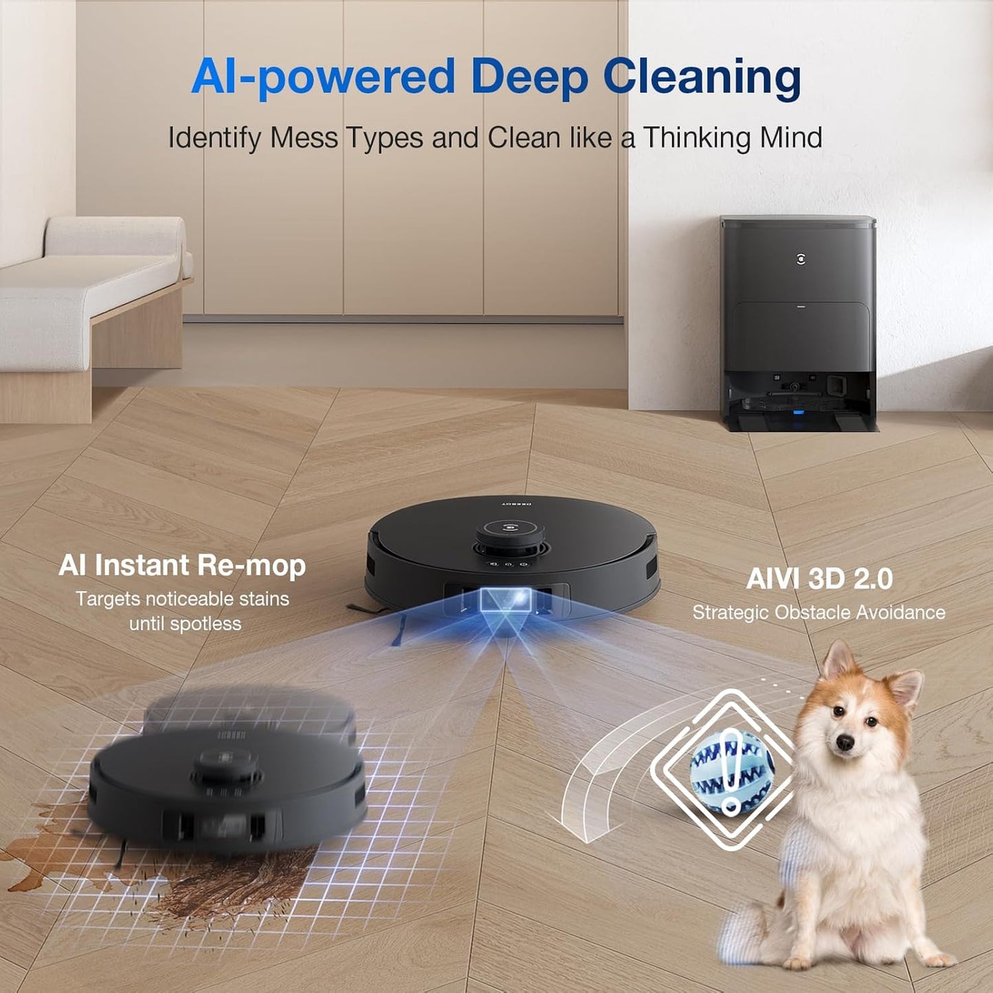 ECOVACS DEEBOT T30S AI Care Robot Vacuum and Mop, 11000Pa, TruEdge Adaptive Edge Mopping, ZeroTangle, AI Instant Re-mop, Hot Water Mop Washing, Self-Emptying & Refilling, Obstacle Avoidance