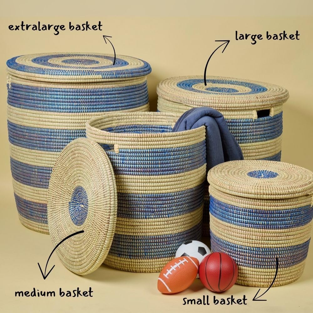 Storage & Organization - Laundry Basket, Bedroom Hamper, Nursery Toys Bin, Living Room Blankets Storage, Decorative, Wicker, Sturdy, Round, Handles, Woven, Blue Beige (Medium)