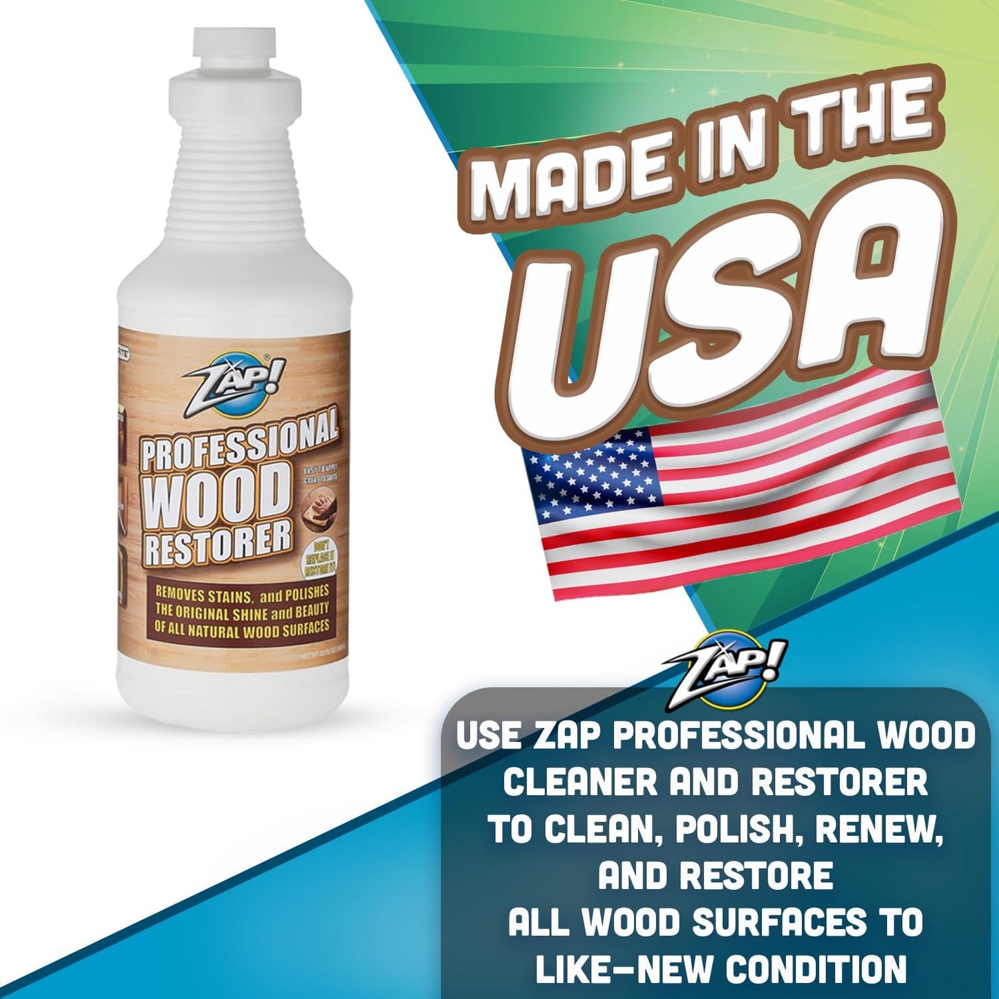 ZAP! Professional Wood Cleaner and Restorer | Clean, Polish, & Restore Wooden Furniture & Hardwood Floors | Kitchen Cabinet & Table | Deep Wood Cleaner for Heavy Duty Cleaning | 32 oz