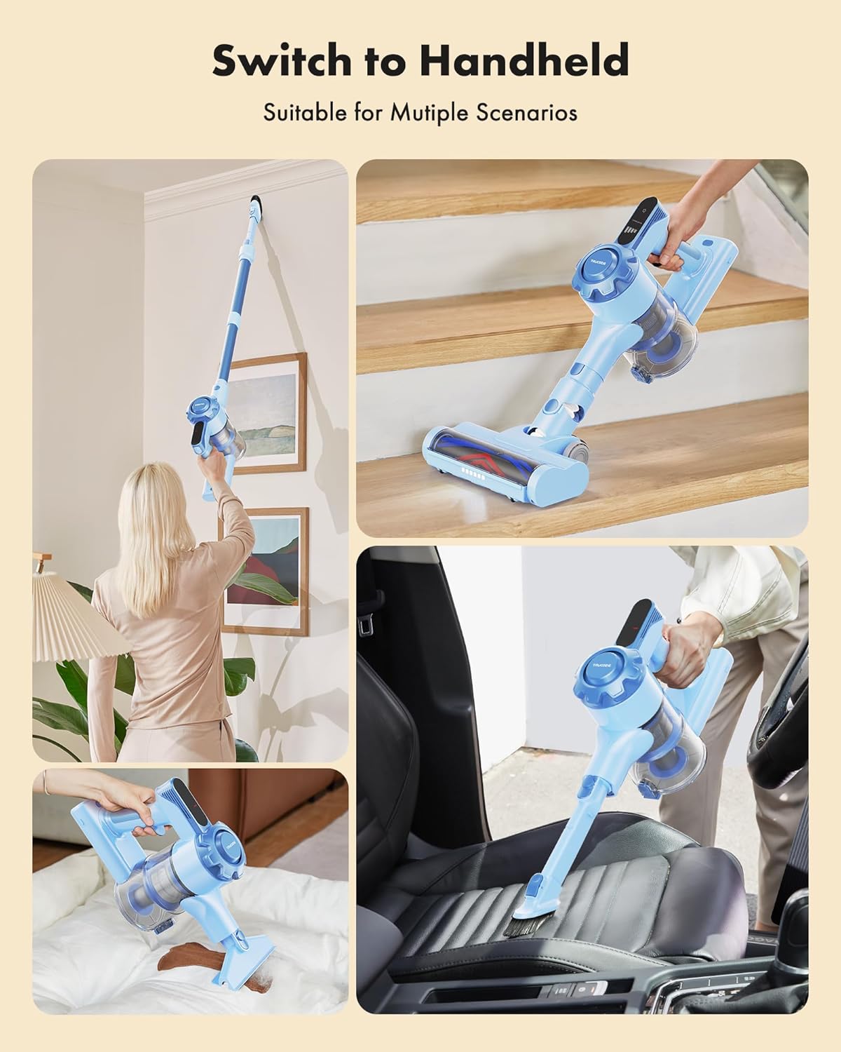 Trucozie Cordless Vacuum Cleaner, 8-in-1 Lightweight Stick Vacuum with 45mins Runtime, Powerful Suction, Rechargeable Cordless Vacuum for Carpet, Tile, Pet Hair, Hardwood Floors, Blue