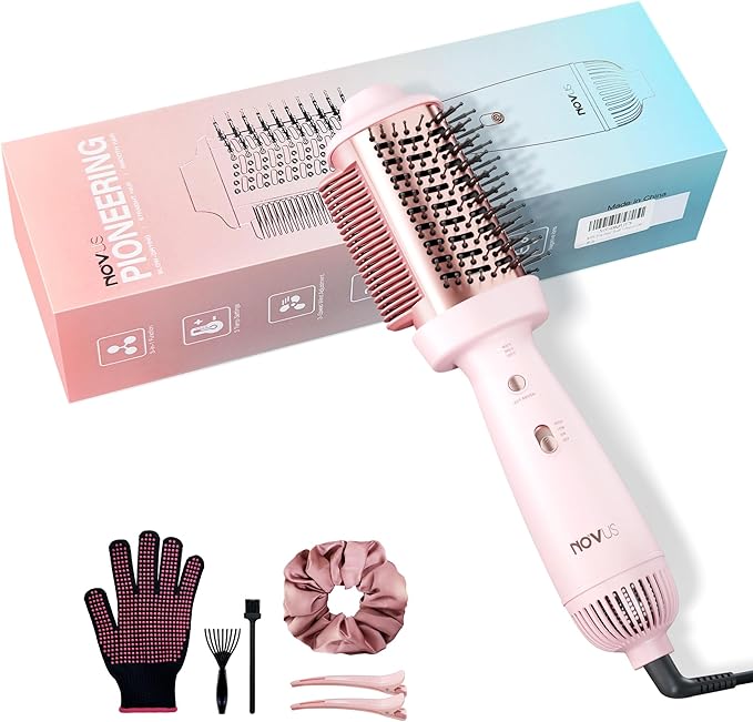 4-in-1 Blow Dryer Brush & Hair Straightener - NOVUS Ionic Hot Air Styler with Titanium Barrel, Volumizer for Frizz-Free Smoothing, Blowout Tool for All Hair Types (Pink)