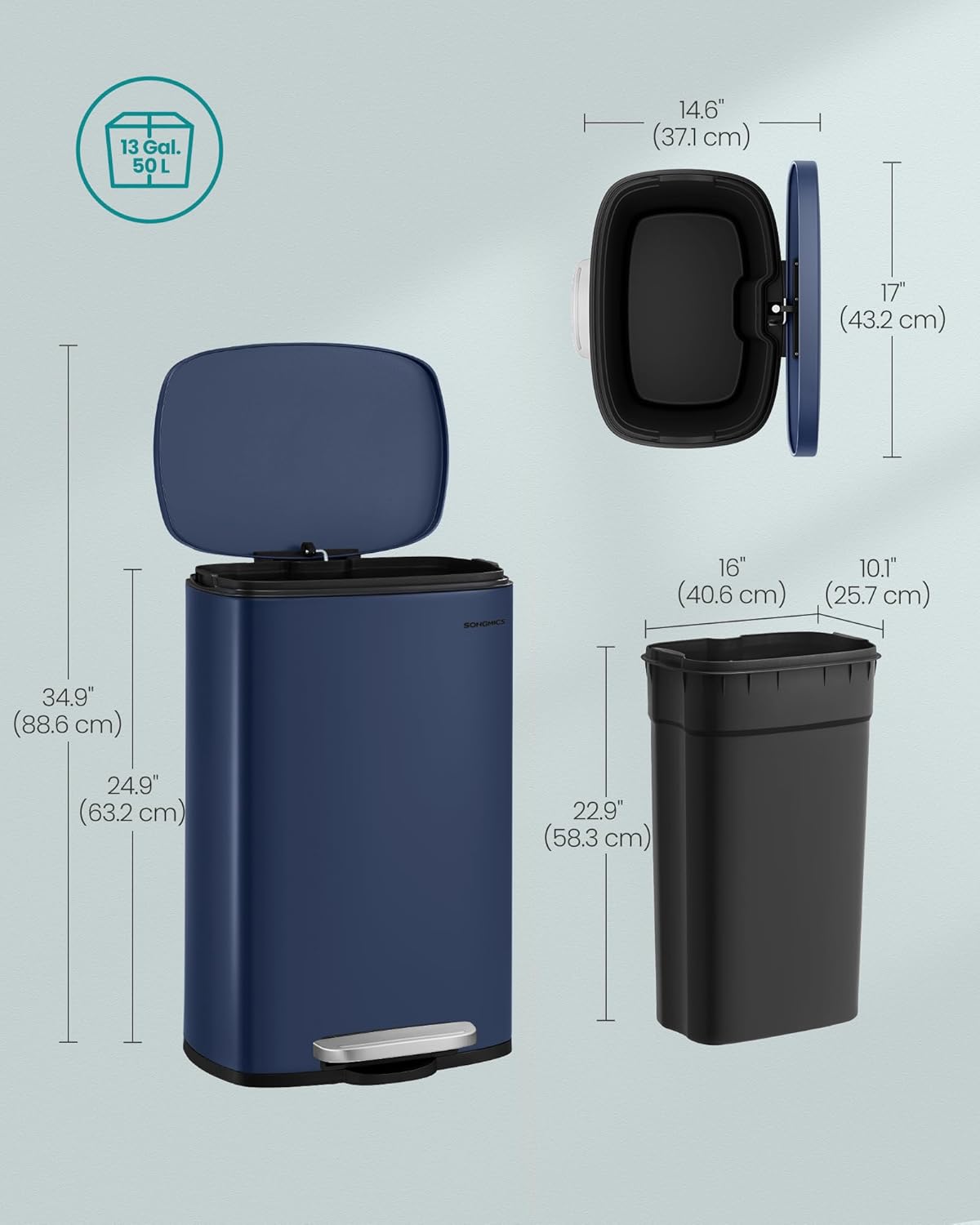 SONGMICS 13 Gallon (50 L) Trash Can, Stainless Steel Kitchen Garbage Can, Recycling or Waste Bin, Soft Close, Step-On Pedal, Removable Inner Bucket, Midnight Blue ULTB050L01