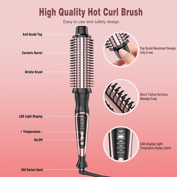 Thermal Brush, Heated Round Brush & Curling Iron with Ceramic Ionic Technology, Hair Tools for Volumizing & Styling, Travel-Friendly Hot Comb with Adjustable Temperature(Rose Gold 1.5 inch)