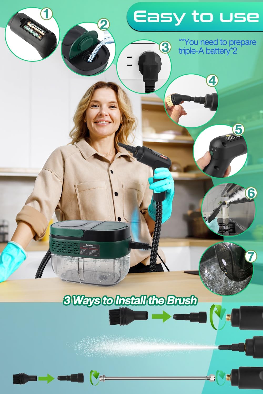 Handheld Steam Cleaner with Handle Control, 1.6L Large Water Tank, 3-Level Adjustable, Thickened Hose, Portable Steam Cleaner, High Temperature Pressurized Steamer for Home, Kitchen, Car (Dark Green)