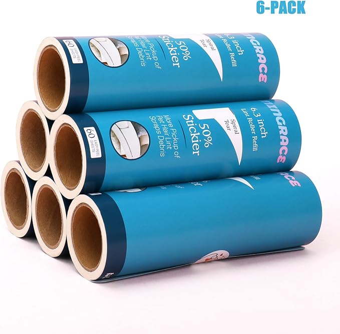 6.3 inch Large Lint Roller Refills Compatible with All Standard 6.3'' Wide Lint Rollers for Pet Hair, 50% Stickier, 60 Sheets per Refill, Pack of 6 Refills, 360 Sheets Total