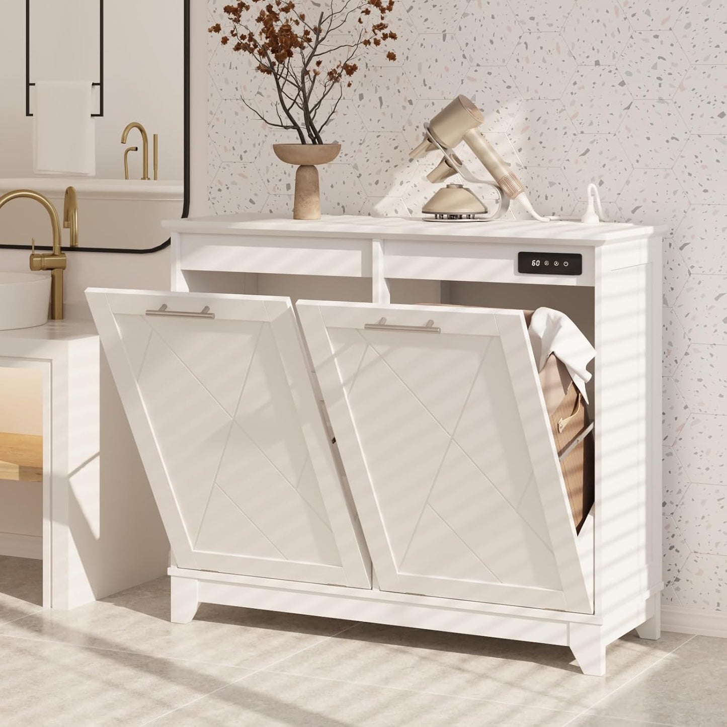 Double Tilt Out Trash Can Cabinet, 10 * 2 Gallon Garbage Trash Bin with Charging Station and Deodorizing Function, Dog-Proof Storage Cabinet for Hidden Bathroom Laundry Hamper, White