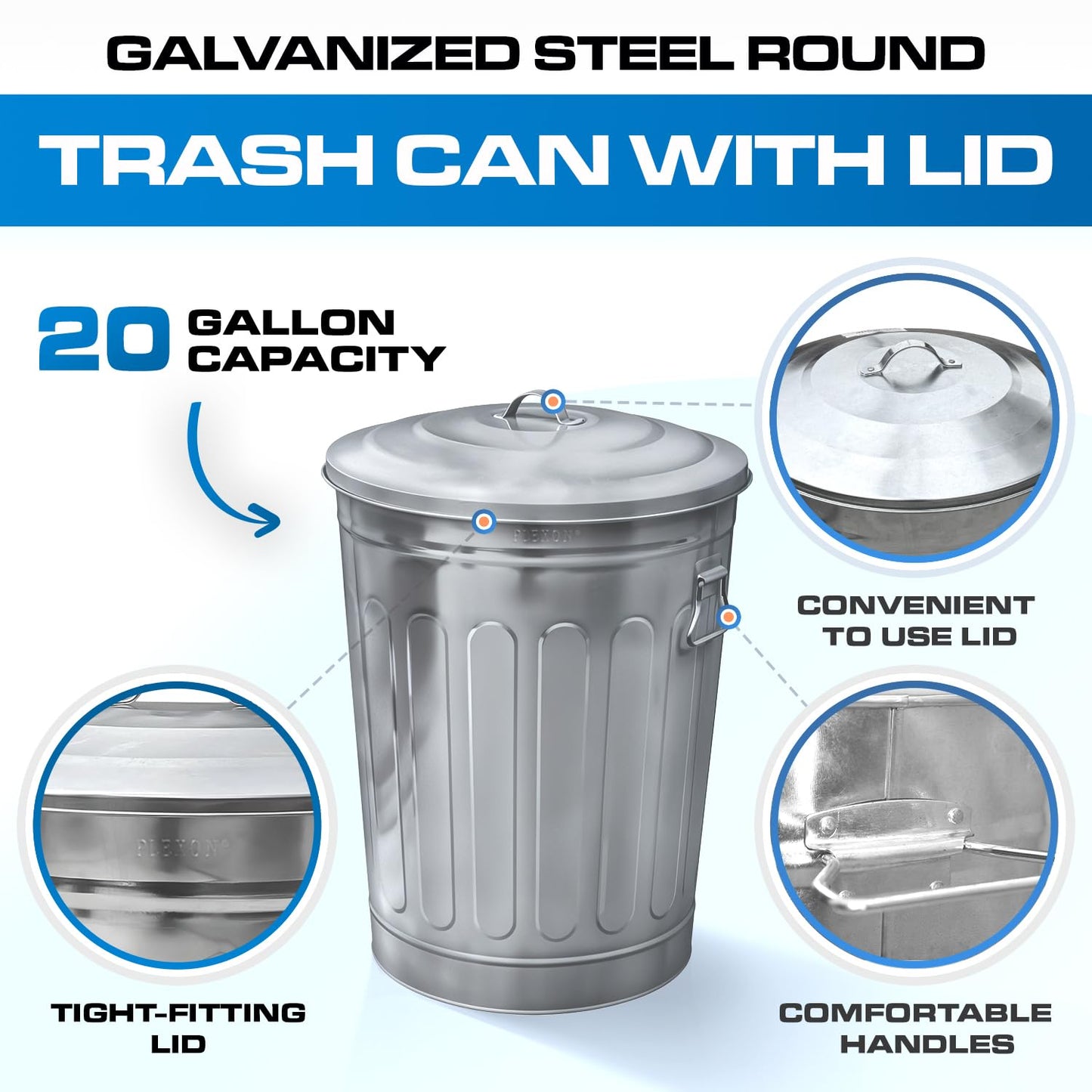 Plexon Round Trash Can 13 Gallon, Vintage Metal Outdoor Trash Can with Lid, Retro Farmhouse Garbage Container, Old School Modern Ash Bucket, Galvanized Steel 6 Pack