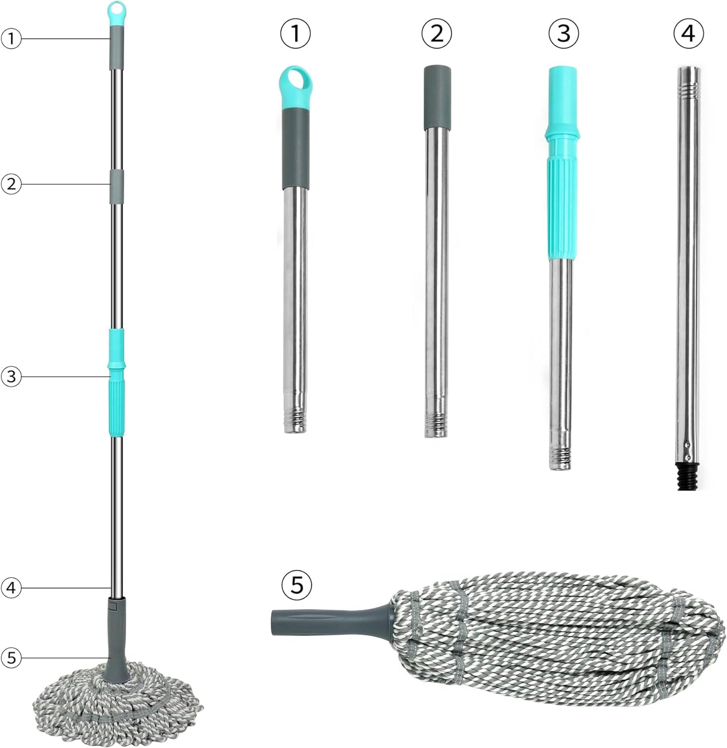 Self Wringing Mop - Easy Squeeze Twist Mop with 52.5 Inch Long Handle, Heavy Duty for Hardwood, Tile, Vinyl & Laminate Floors (Gray)