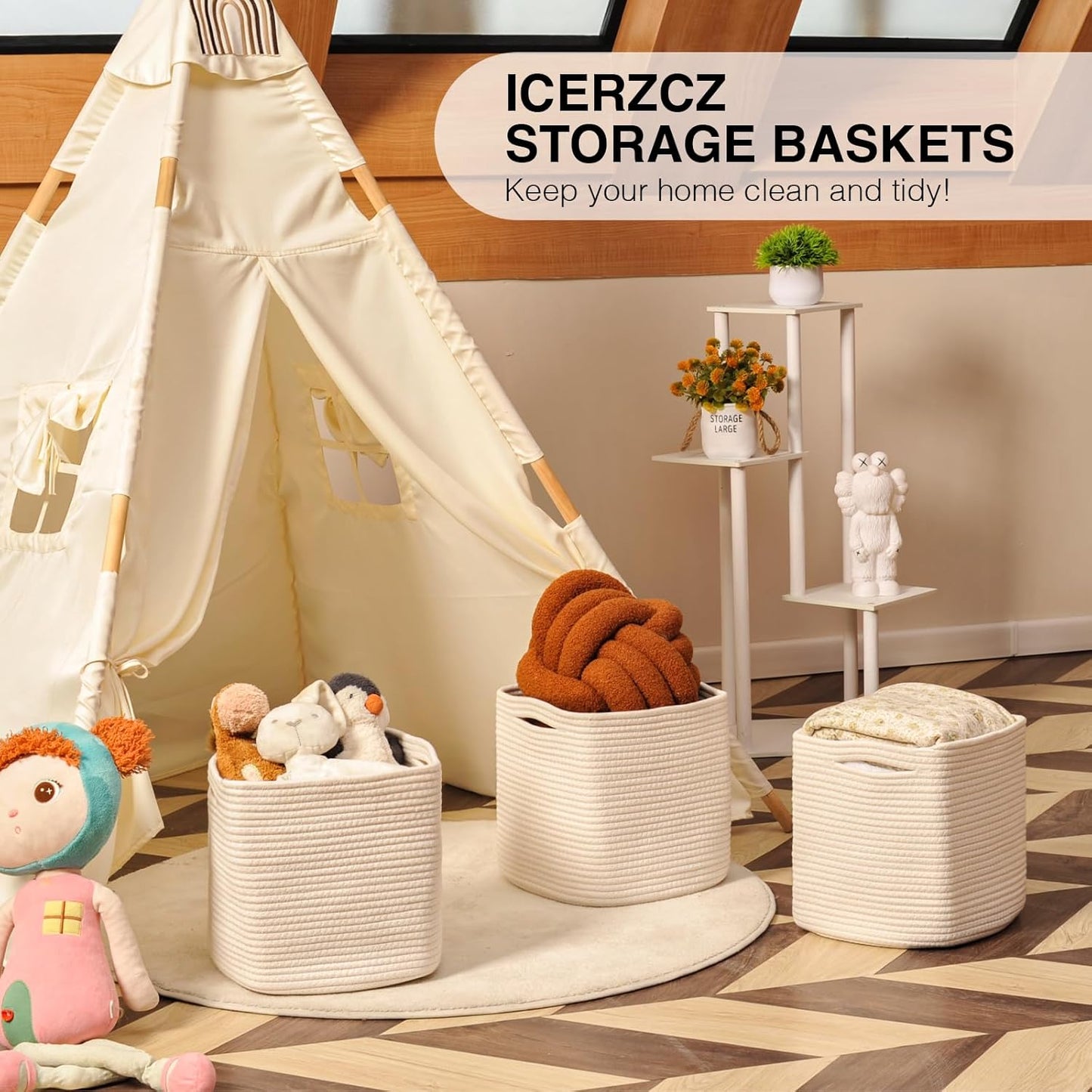 11 Inch Cube Storage Bins, Organizer Bins, Woven Cotton Rope Baskets for Storage, Storage Baskets for Organizing Shelves, White Basket for Toys, Off White (Pack of 3)