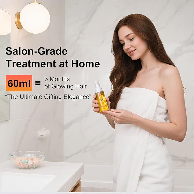 24K Gold Hair Oil Made in the UK – Repair & Shine Serum with Coconut, Argan & Olive Oils – Vegan Heat Protectant, Frizz Control for Dry, Damaged Hair (2.02 Fl Oz (Pack of 1))