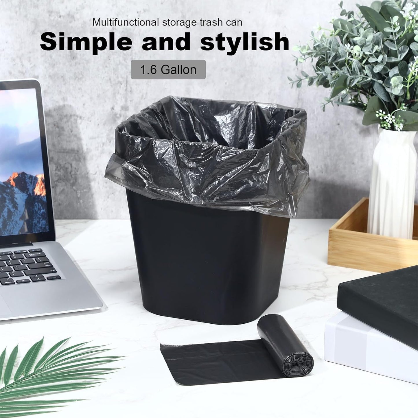 Eccliy 6 Pack Plastic Trash Can with 3 Rolls of Trash Bags Small Wastebasket Garbage Bin Container for Bathroom, Bedroom, Home Office, Living Room, Kitchen (Black)