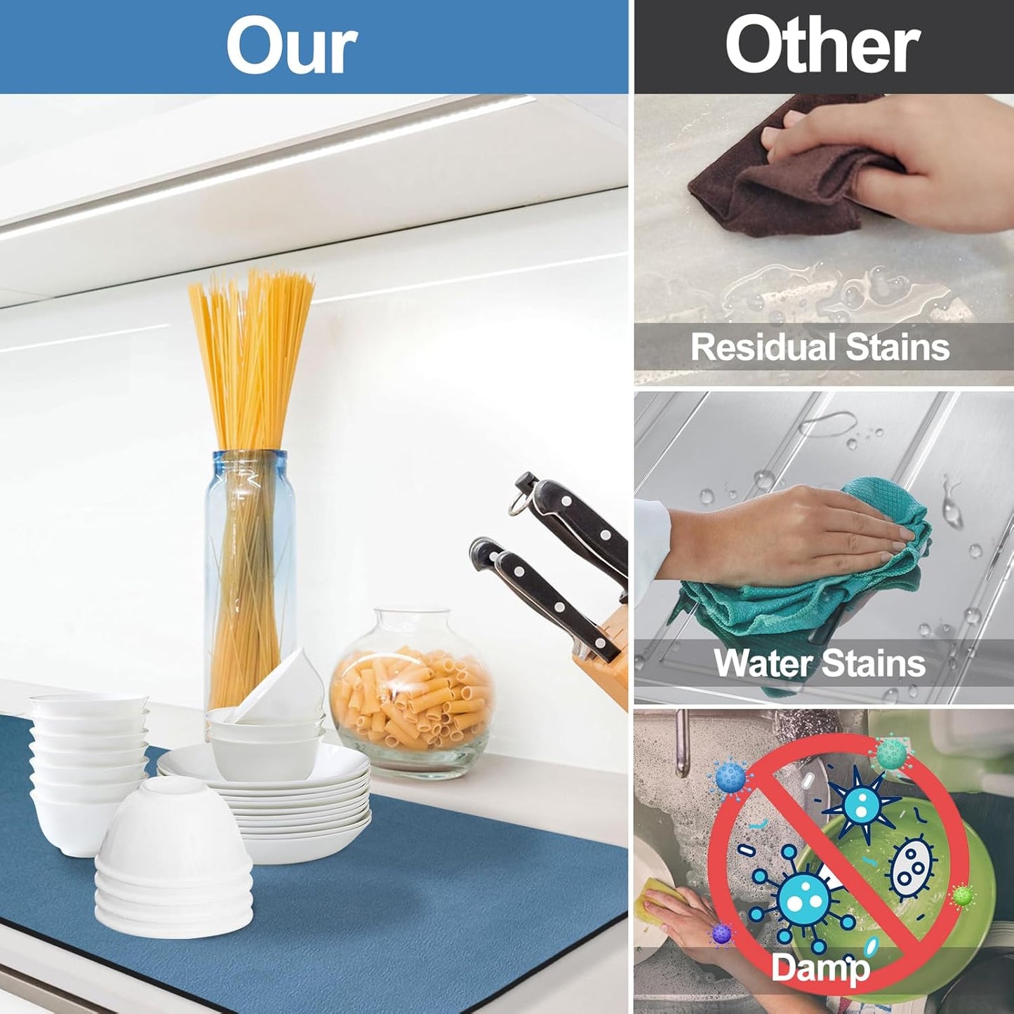 Dish Drying Mat for Kitchen Counter, 17"x31.5" Dish Drying Pad with Non-slip Rubber Backed, Hide Stain Anti Absorbent for Kitchen Counter, Drying Mat for Coffee Machine Dish Rack (Blue)