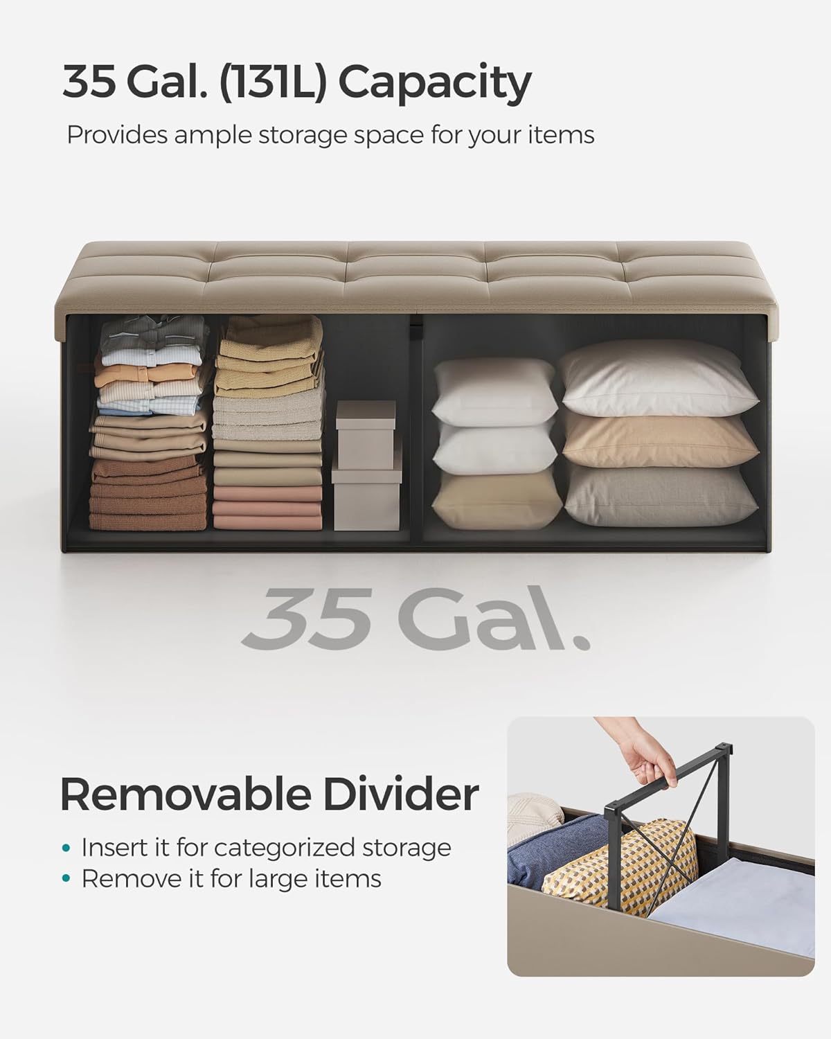 SONGMICS MAZIE Collection - 43 Inches Storage Ottoman Bench with Flipping Lid, Storage Chest with Iron Frame Support, Load 660 lb, for Living Room, Bedroom, Synthetic Leather, Camel Brown ULSF075K03