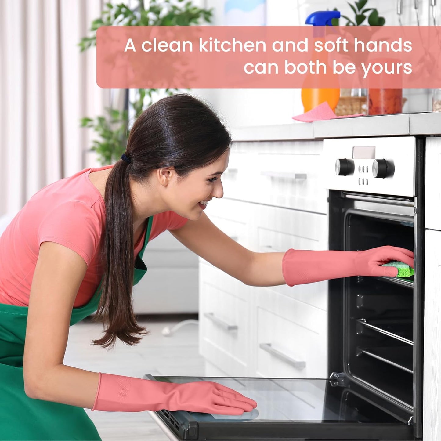 Rubber Cleaning Gloves for Dishwashing, 4 Pairs Reusable Kitchen Gloves for Washing Dishes and Household Cleaning, Pink Dish Gloves with Flocked Lining and Non-Slip Grip, Pefect for Woman Men - S