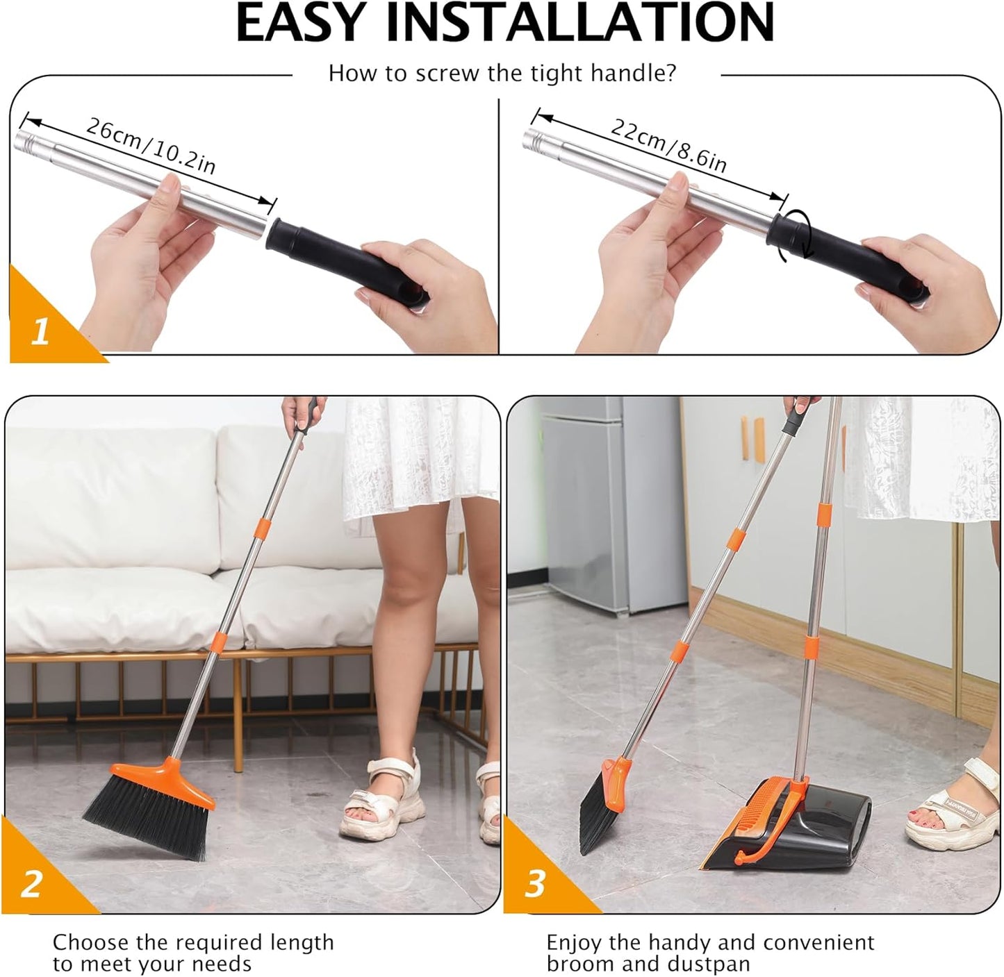 Broom and Dustpan Set with Long Handle, Light Weight Stainless Steel Poles Stand Upright Dustpans with Broom Combo for Home Kitchen Office Pet Dog Hair, Black & Orange Color, 1-Pack
