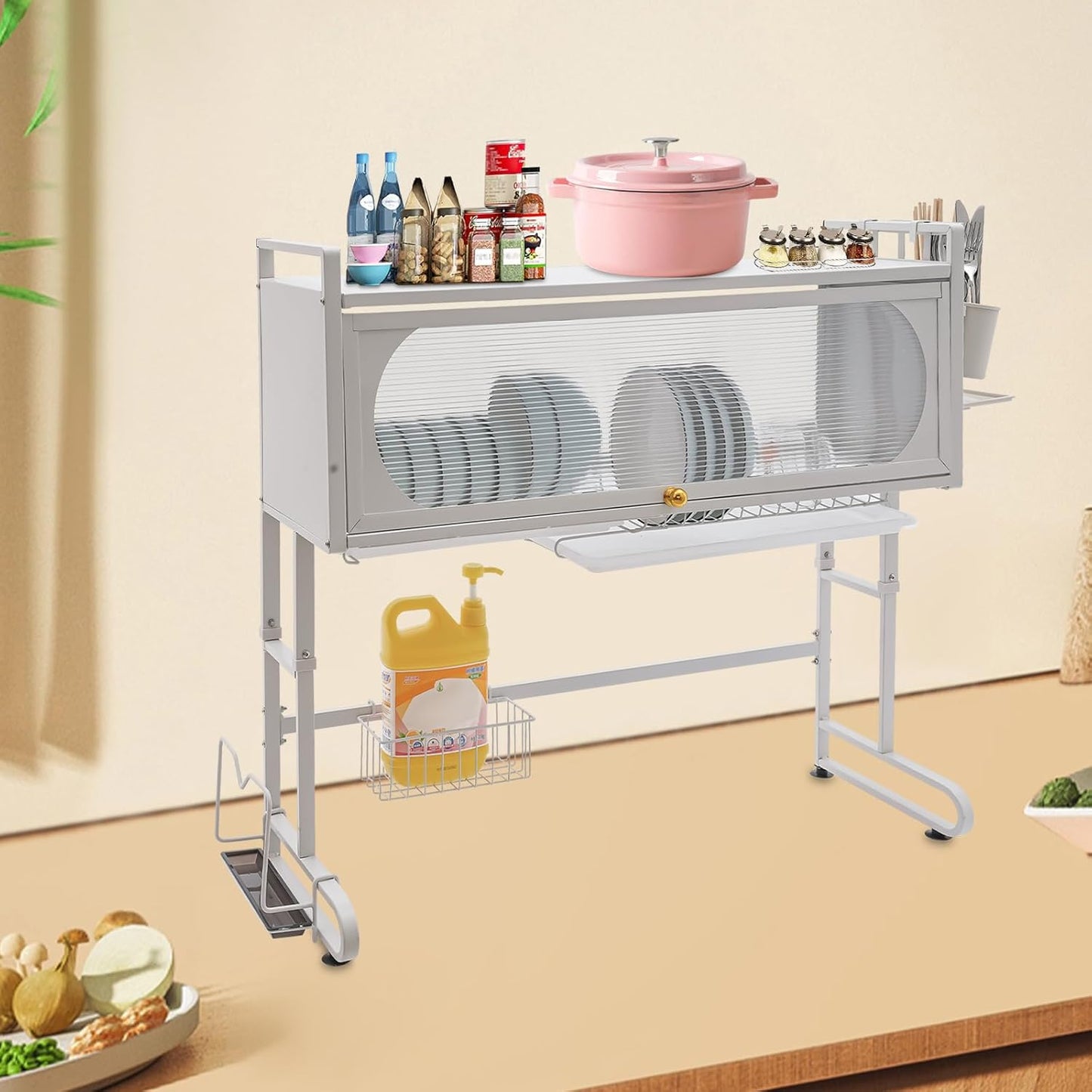 3 Tier Over The Sink Dish Drying Rack W/Clear Cabinet Door, Adjustable Dish Drainer Rack, White Large Dish Rack, Expandable Shelf Rack W/ Utensil Holder, Dish Drainer Kitchen Organizer for Home Use