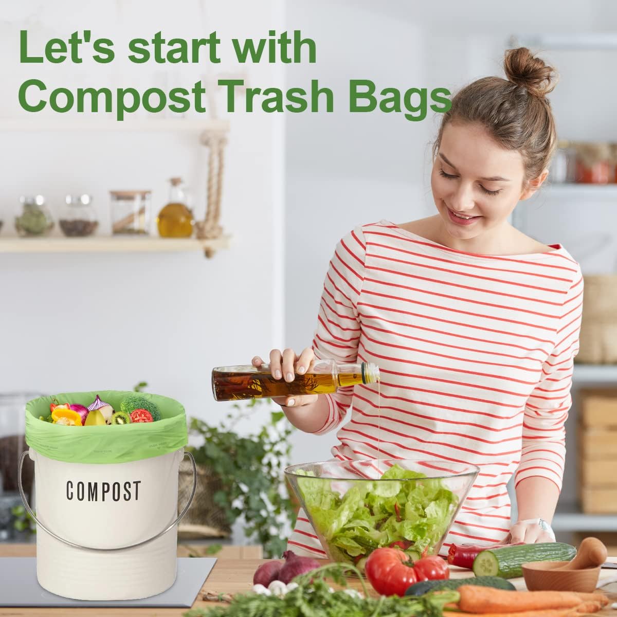100% Compostable 1.6 Gallon Trash Bags, 6 Liter, 150 Count Kitchen Food Scrap Small Compost Bags for Countertop Bin with Europe EN13432 Certified