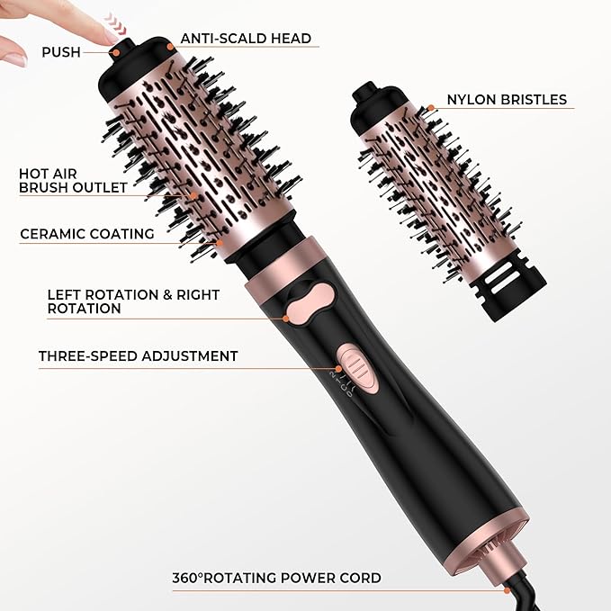 3 in 1 Rotating Hair Dryer Brush, Auto Rotating Blow Dryer Brush Spinning with 2 Brushes (2" & 1.5"), Negative Ionic Brush Blow Dryer, Round Brush Blow Dryer Volumize Curling 100-120V