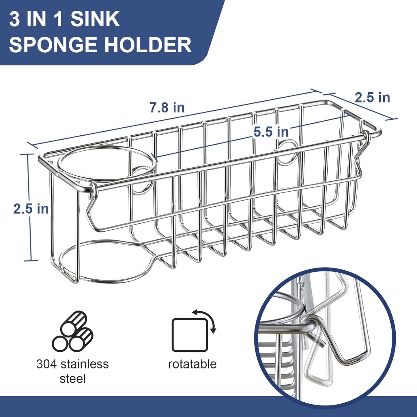 3-In-1 Sponge Holder for Kitchen Sink with Suction Cups & Adhesive Hook, In-sink Sponge Holder, Wall Hanging Sink Caddy Organizer Rack - Sponge, Dish Cloth, Brush, Scrubber - 304 Stainless Steel