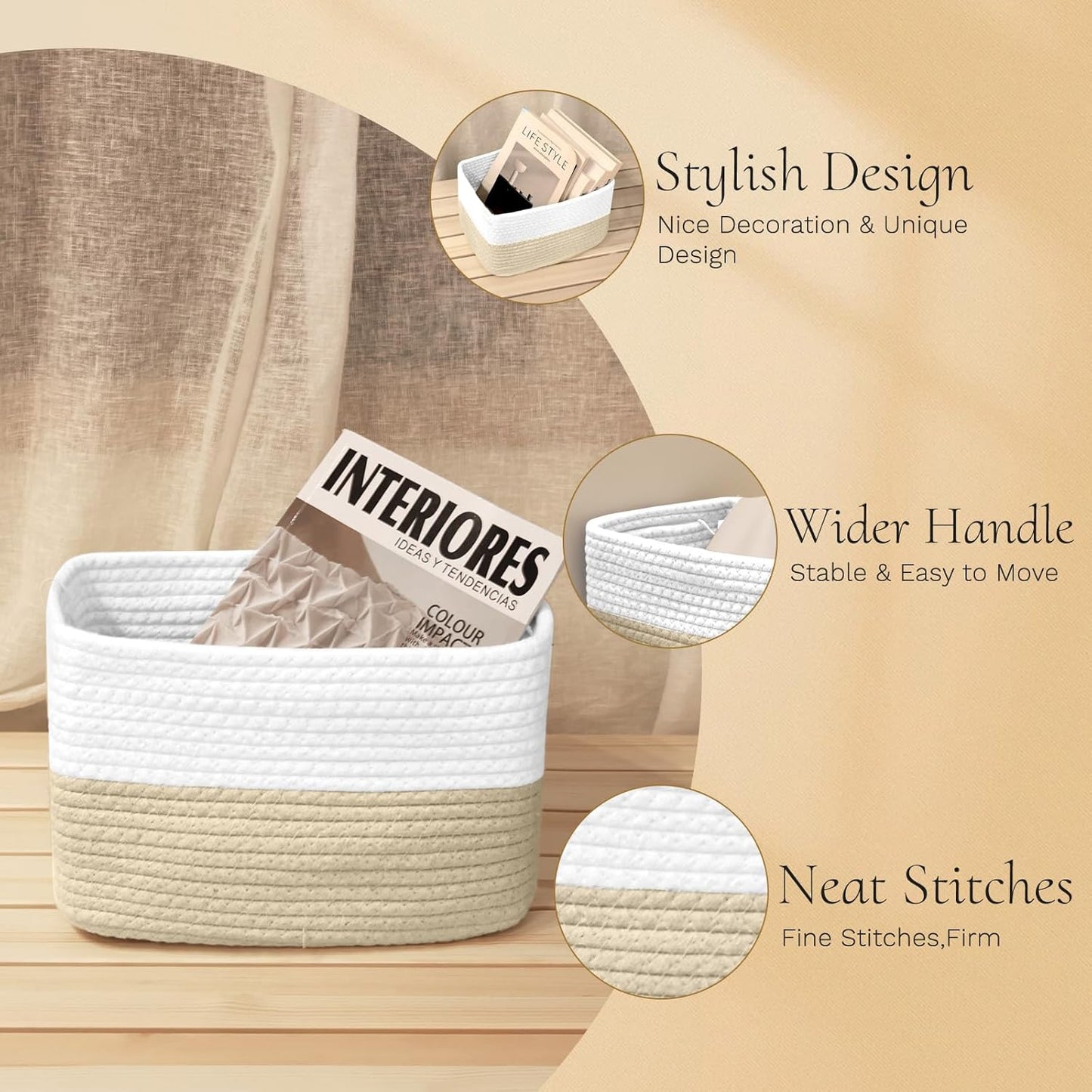 Hopegiver Woven Storage Baskets 11x8x7 Inch, 3 Pack Collapsible Cube Storage Bin for Shelves - Foldable Cotton Rope Organizer Bins for Towels, Toys, Books, Closet, Nursery (White Khaki)