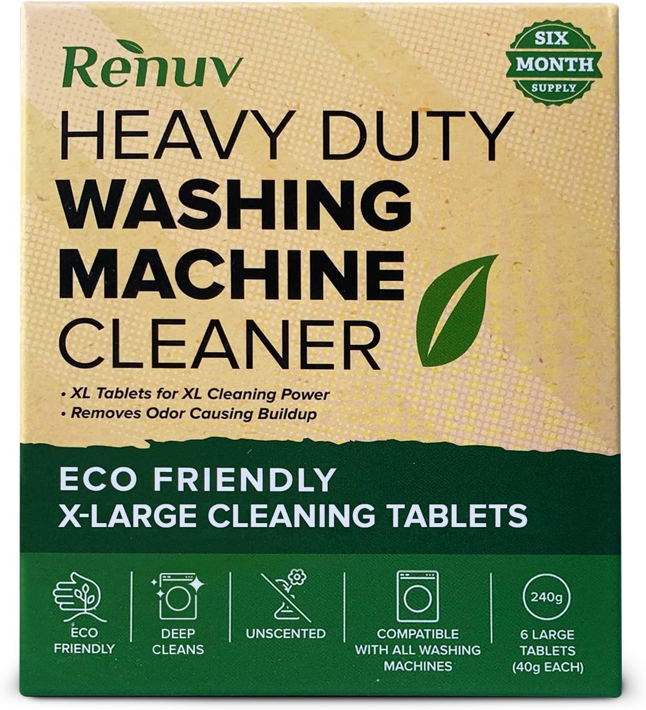 Renuv Heavy Duty Washing Machine Cleaner Descaler Tablets - Deep Cleaning for Front Load or Top Load Washer, 6 Pack