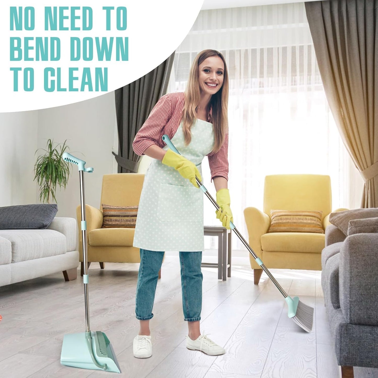 XXXFLOWER Broom and Dustpan Set with Cleaning Teeth, 55" Long Handle Indoor Sweeping Combo for Home Office Kitchen, Bluish Green