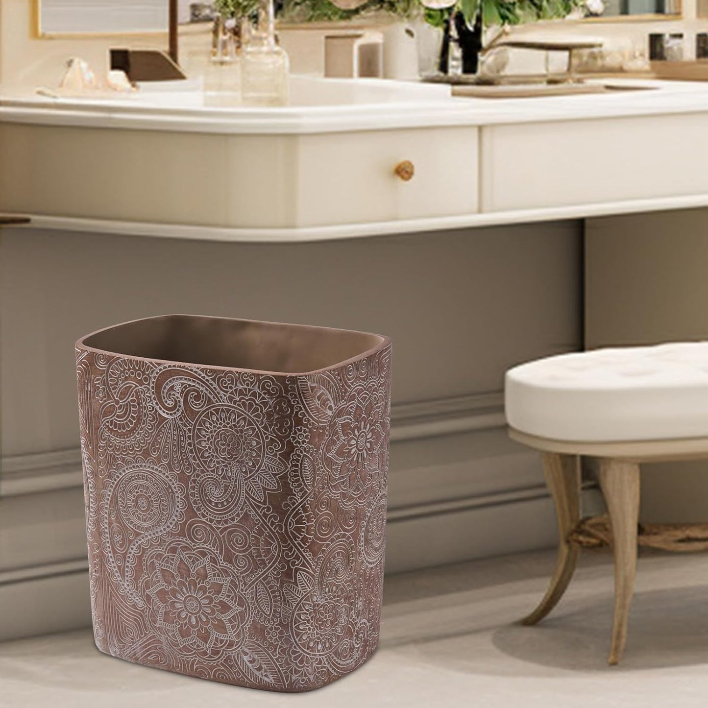 Polytree Boho Flowers Bathroom Trash Can 1.8 Gallon(7 Liter) Small Kitchen Garbage Can,Living Room Bedroom Trash Can, Decor Wastebasket for Home Office,Retro Brown