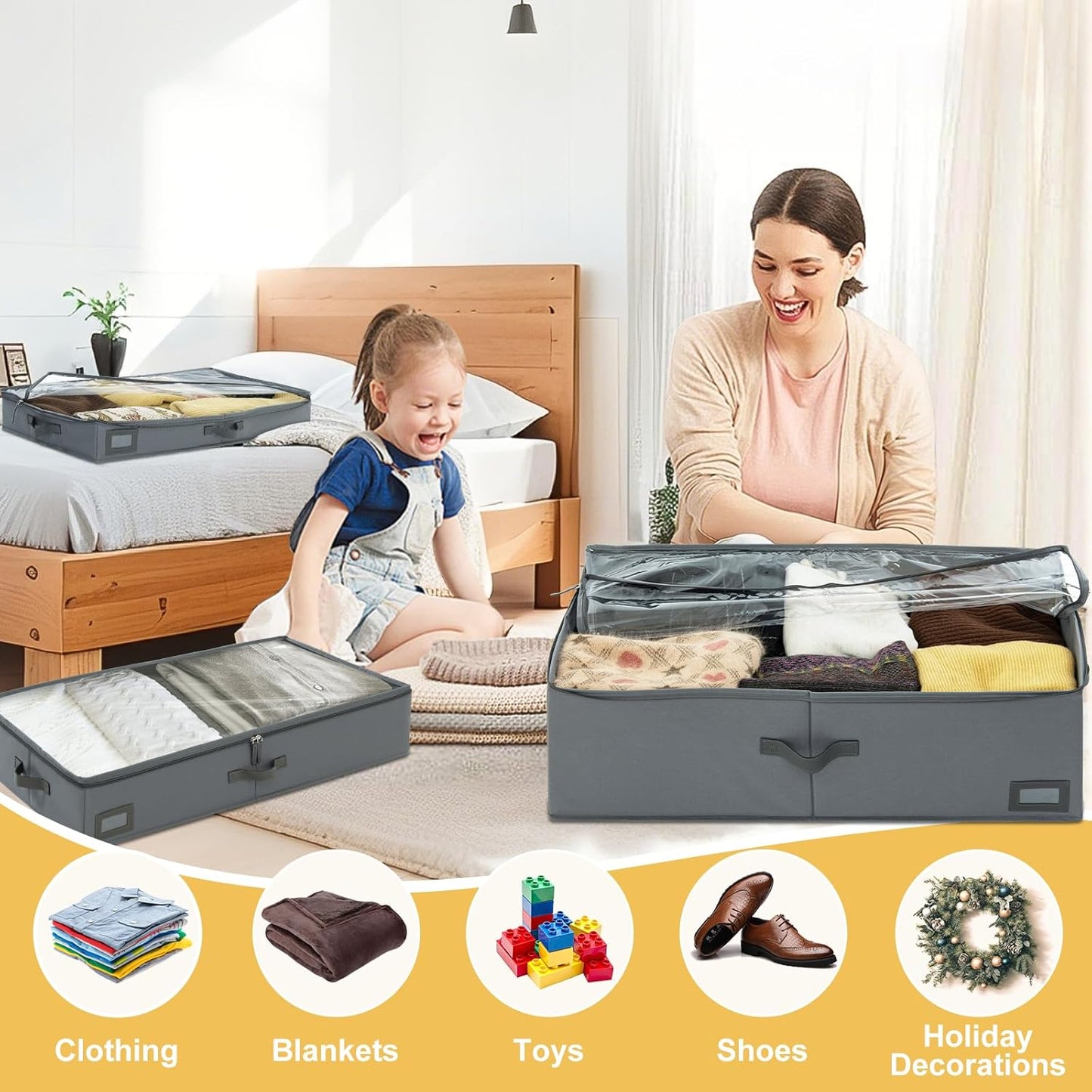 4-Inch Under Bed Storage Containers (3-Pack) | Sturdy Sidewalls | Clear Cover & Label Holder | Underbed Organizer for Crib/Couch | Stores Clothing/Blankets/Wrapping Paper/Toys