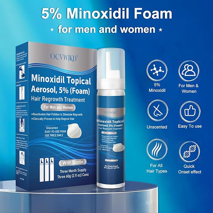 5% Minoxidil Foam, Biotin-Infused, Unisex Adult, Hair Growth Treatment, Unscented, Foam, 12.66 Ounce, 6-Month Supply, Supports Thicker and Fuller Hair & Beard