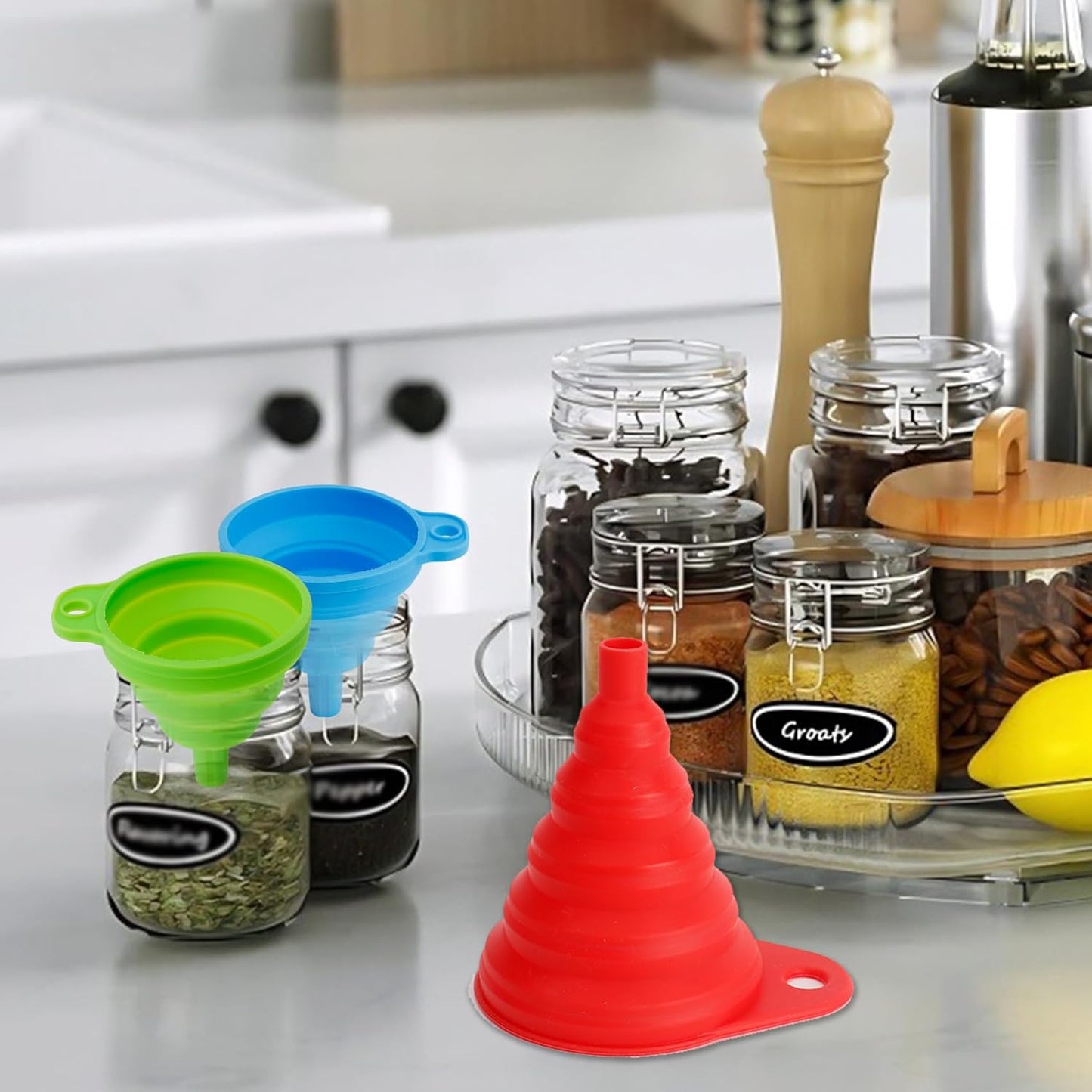 Kitchen Funnel Set of 4, Food Grade Foldable Small and Large Funnel Colorful Silicone Collapsible Funnels Flexible Funnels for Kitchen Use Filling Bottles Liquid Transfer Kitchen Gadgets Accessories