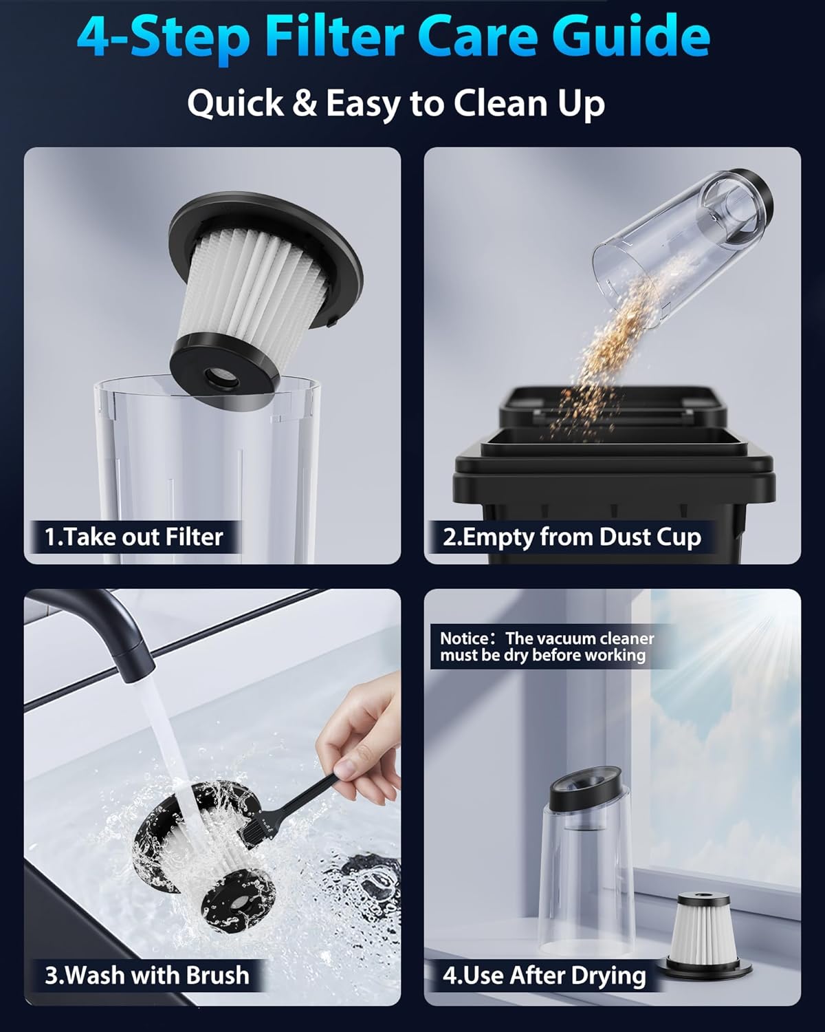 Handheld Vacuum Cordless 1.1 Pounds Car Vac 10000PA Hand Held Vacuums 4-in-1 Hand Vac Cordless Rechargeable HEPA Filter Large Capacity Dust Cup for Car Office Home Pets Hair (Gray)