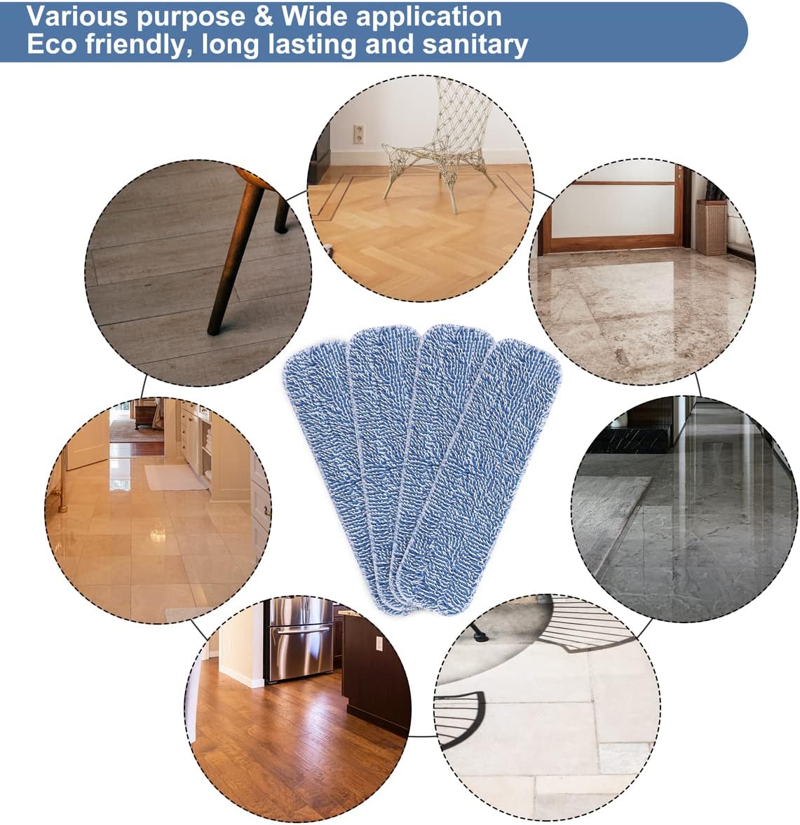 Replacement Microfiber Floor Cleaning Pads - 18''x5'' Dust Mop Refill Sweeping Pad Compatible with Bona Mop, Reusable Dry Mop Head Fits 17” to 18” Flat Mop - 4 Pack