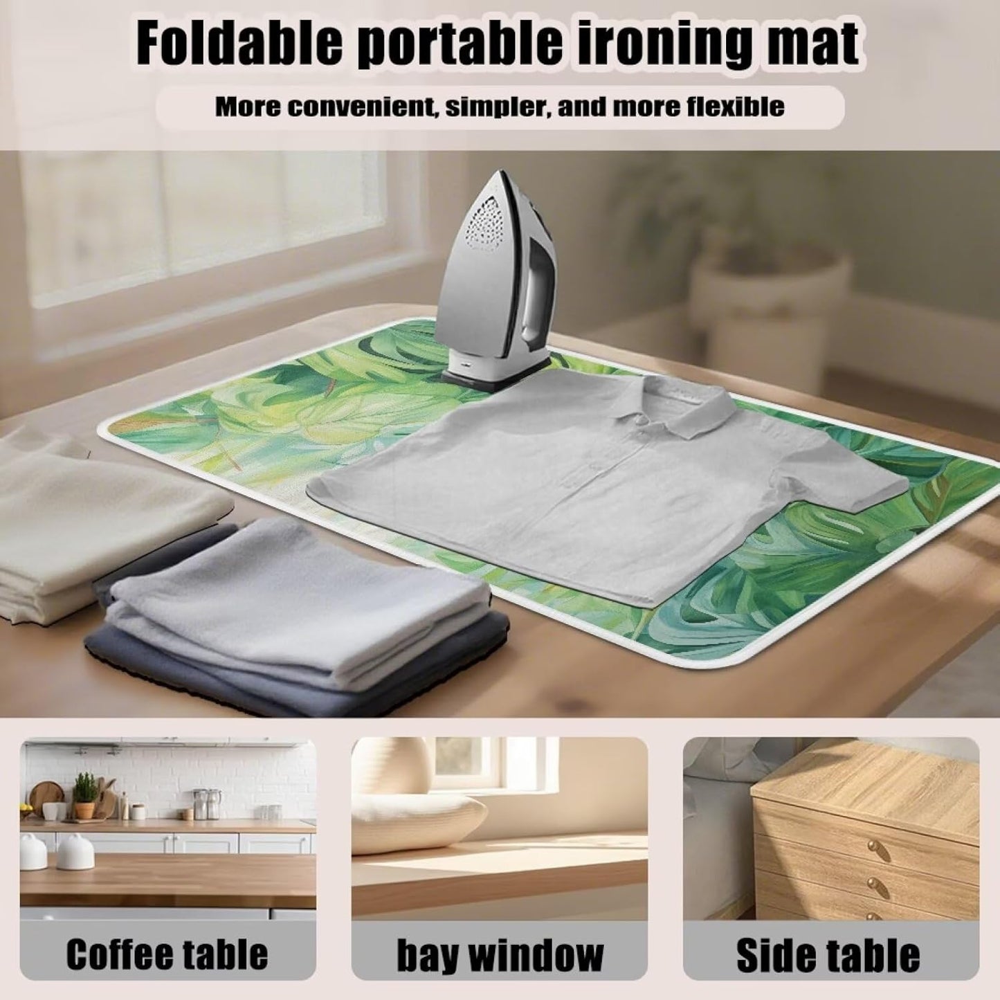 Green Ironing Mat Portable Ironing Pad Monstera Leaf 32 x 16 Inch Large Ironing Mat for Table Top of Washer, Dryer, Table Top, Countertop, Heat Resistant Iron Board Pads