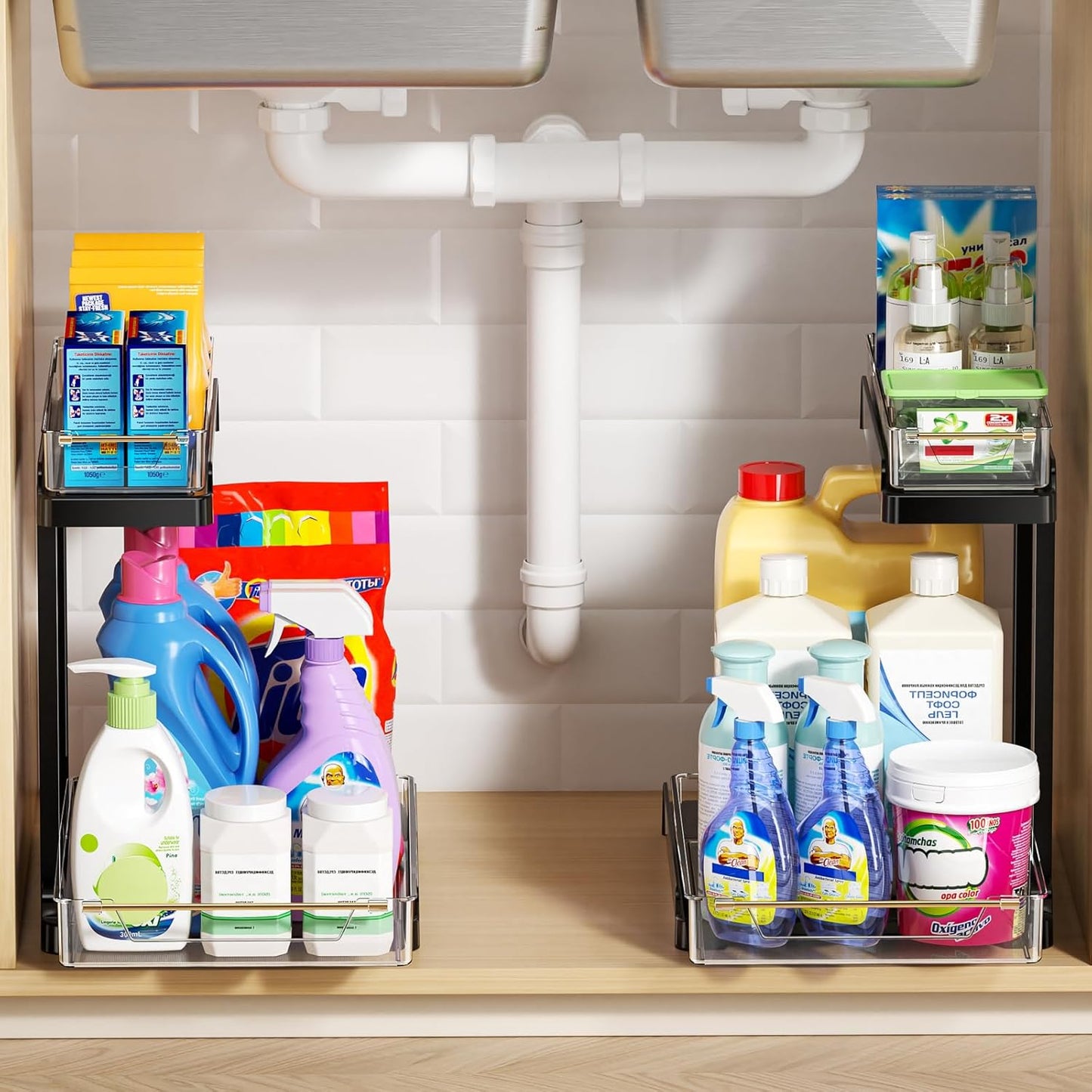 heart & home 1-Pack Under Sink Storage Organizer for Kitchen & Bathroom Cabinets with Removable Washable Tray, Tool-Free Assembly – Multi-Purpose for Kitchen Countertop, Vanity, & Laundry Room,Black