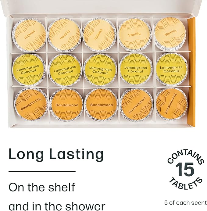 Dew Well - Shower Steamers Fresh Earth Collection - 15 Count Shower Bombs - Aromatherapy in Your Home - Helps Clear Congestion and Boost Mood - (Vanilla, Lemongrass Coconut, Sandalwood)