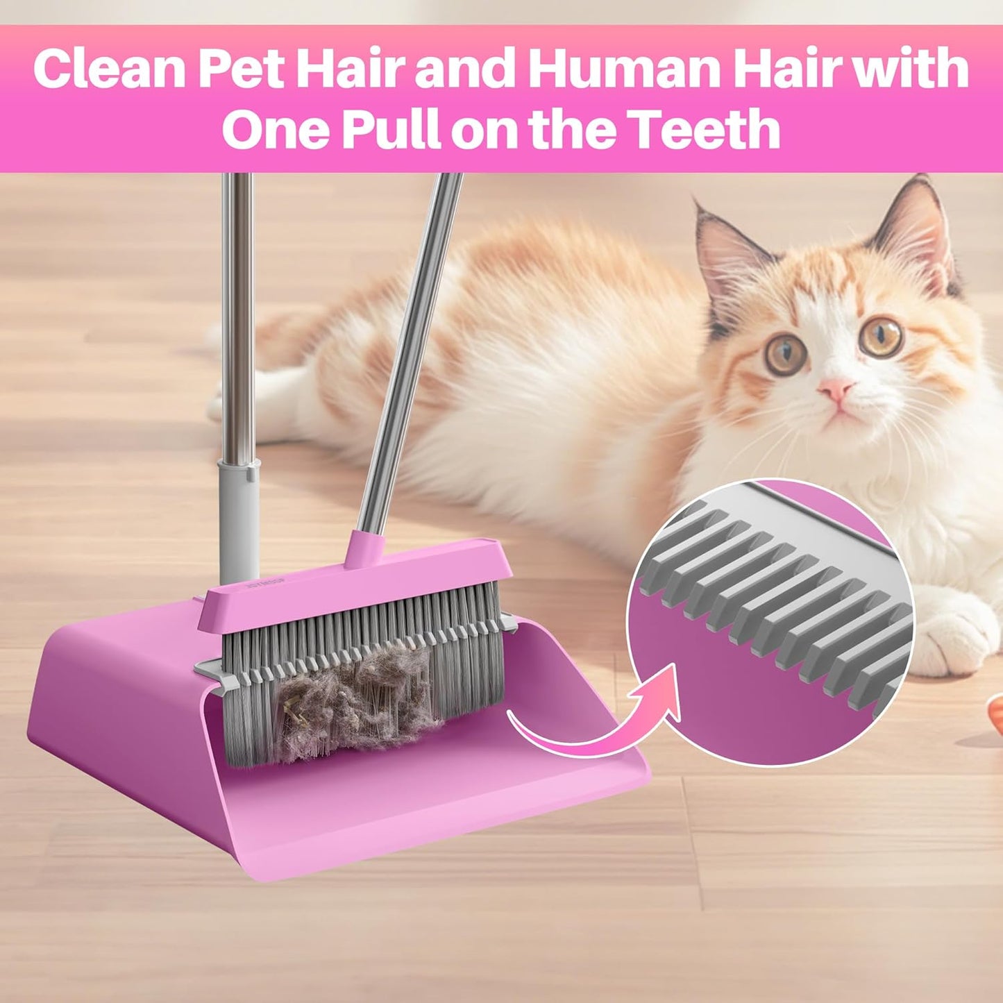 JOYMOOP Pink Broom and Dustpan Set with 56” Handle, Upright Angle with Built-in Comb Teeth for Hardwood Floors and Pet Hair