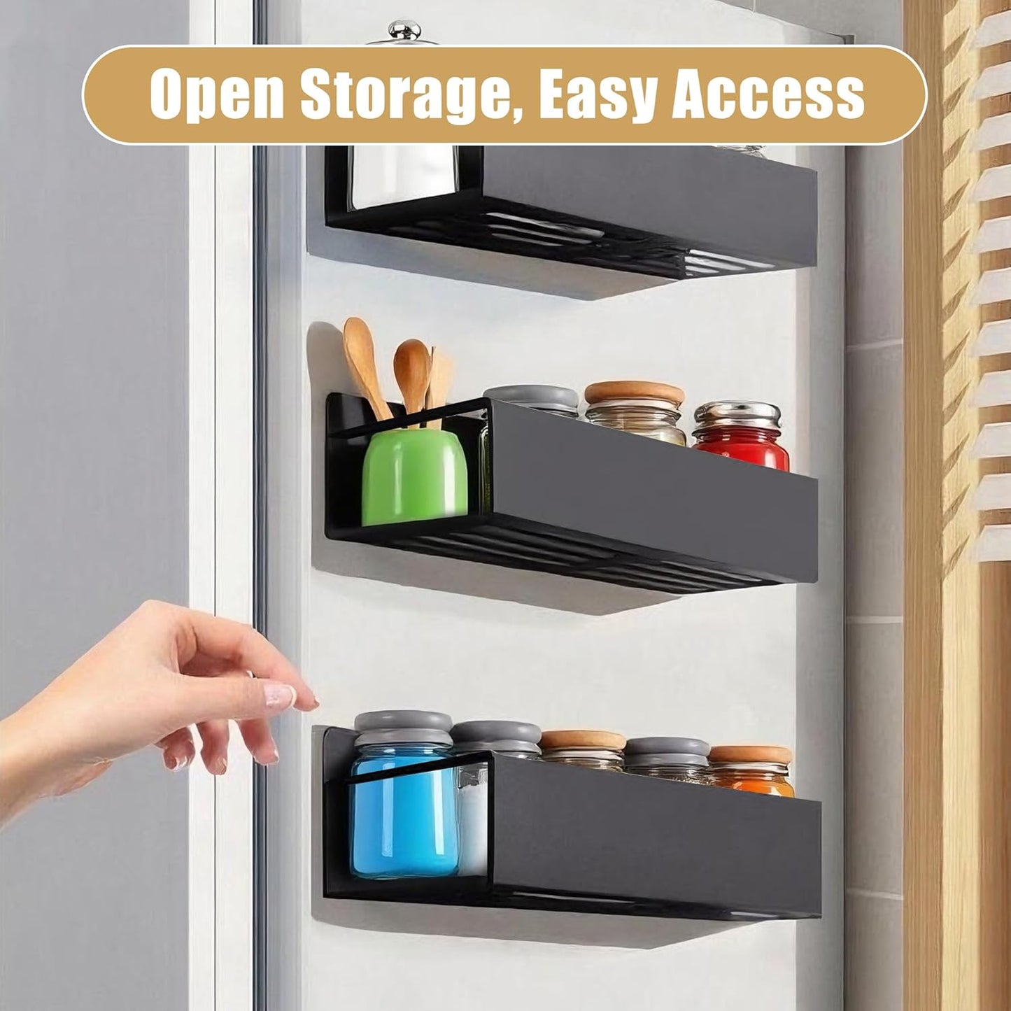 Cosy Family 4-Pack Strong Magnetic Metal Spice Rack Organizer for Refrigerator & Oven - Rustproof Black Fridge Shelves with Hooks for Kitchen Storage & Organization