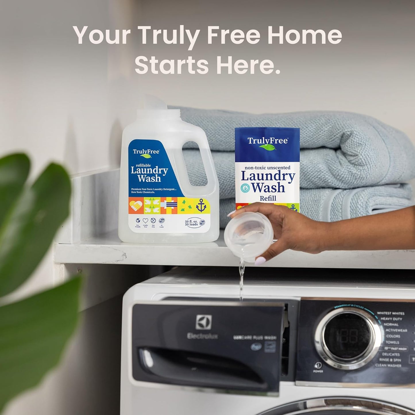 Truly Free Laundry Wash Detergent for Sensitive Skin, Gentle & Safe for Baby Clothes | Plant-Based, Natural Ingredients | Unscented | Include 1 Refillable Bottle (50 Loads)