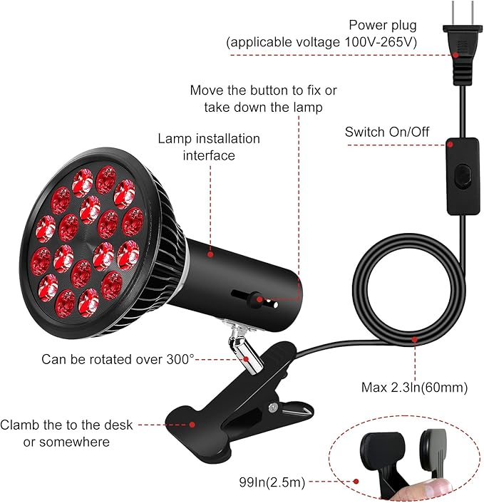 Red Light Therapy Bulb with Adjustable Socket Clamp, 18 LEDs Red Light Therapy with Lamp Holder for Body and Face with 660nm Red and 850nm Infrared Light Therapy Device for Skin Care Pain Relief