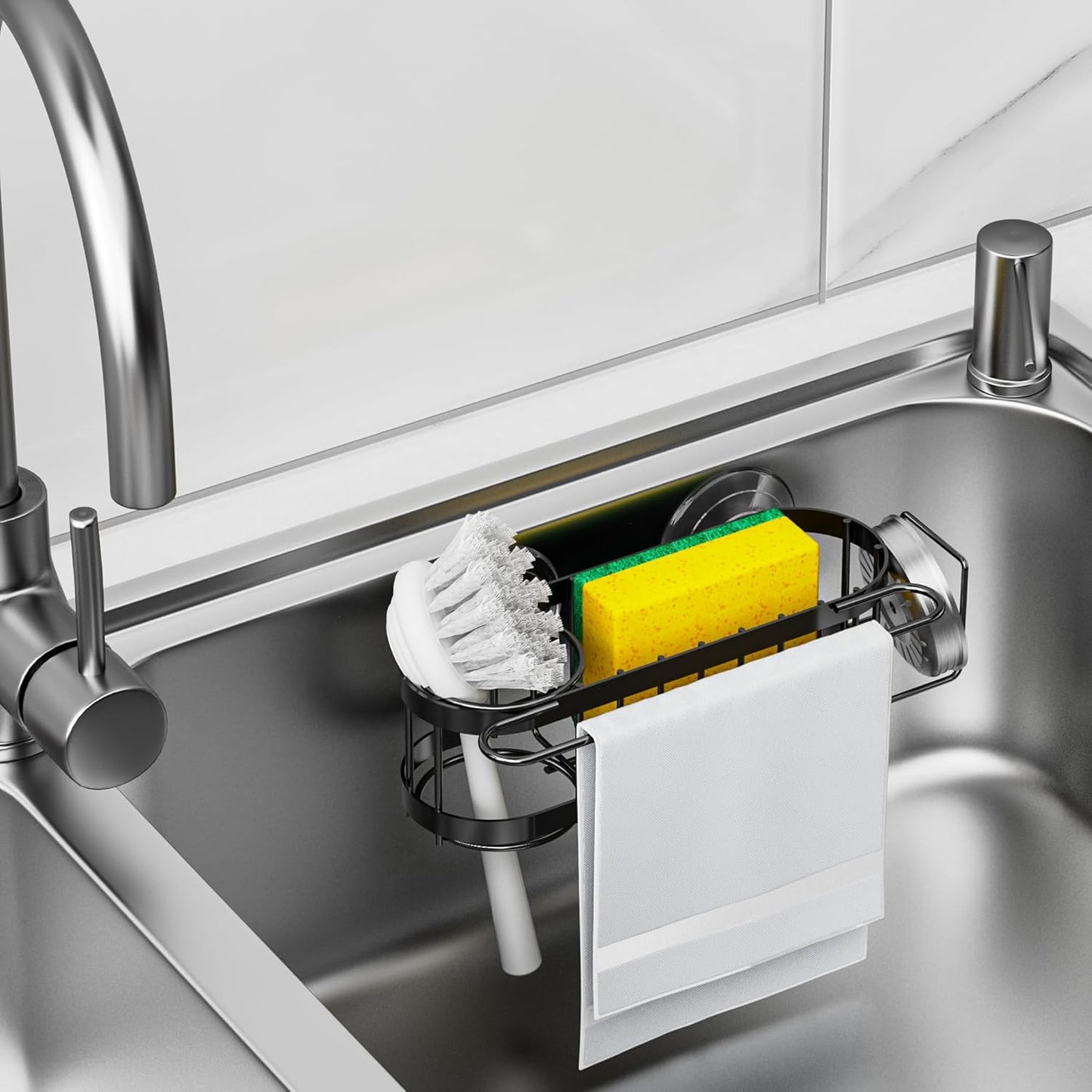 Cisily Kitchen Sink Caddy Sponge Holder in The Sink, Stainless Steel Kitchen Sink Organizer, Brush Holder, Dish Cloth Hanger, Sink Stopper Holder with 2 Installation Ways (Suction & Adhesives
