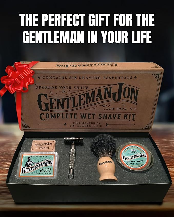 Gentleman Jon Safety Razor Shaving Kit | Vintage Wet Shave Grooming Set for Men - Includes: Safety Razor, Hair Shaving Brush, Alum Block, Shave Soap, Bowl & Double Edge Razor Blades