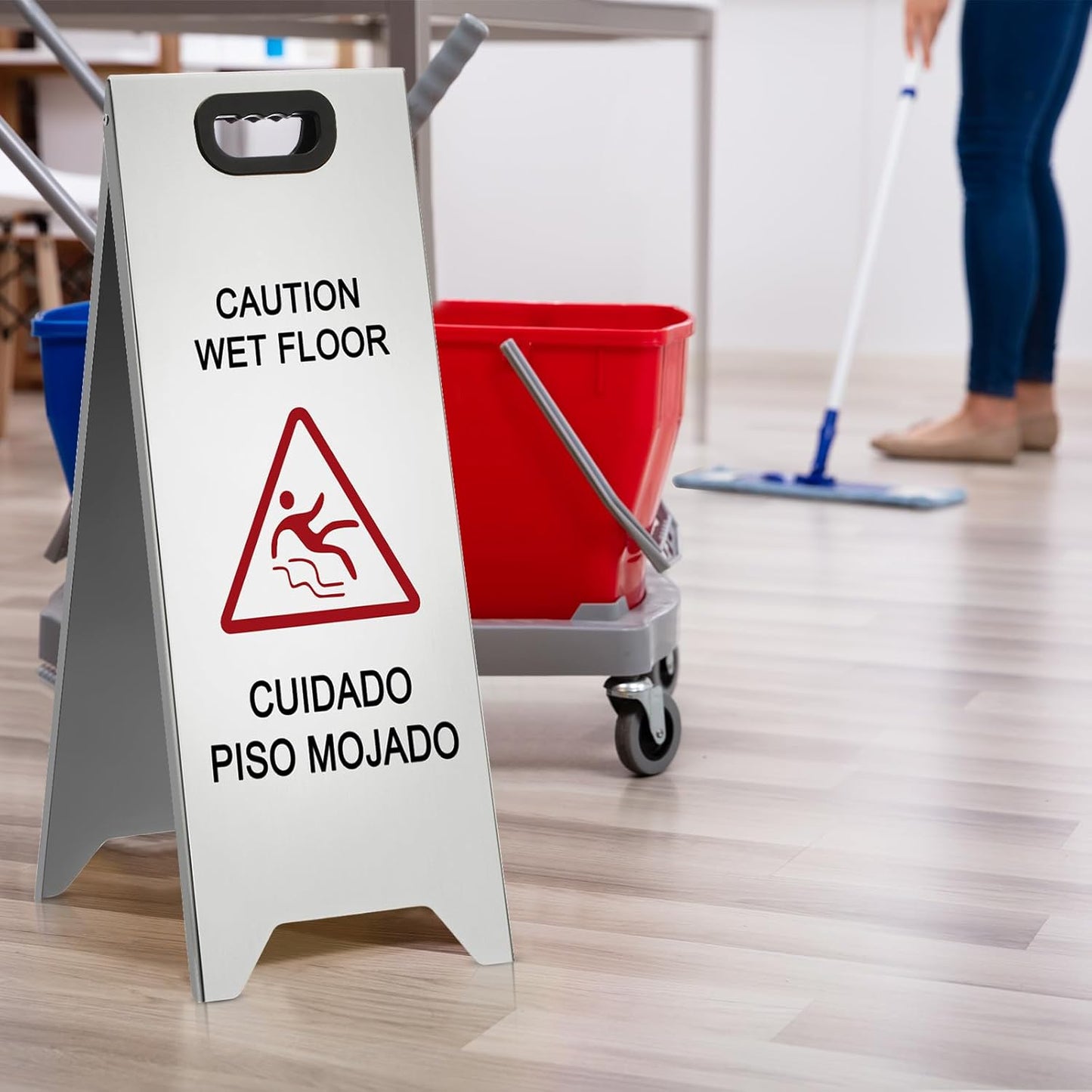 2 Pcs 24 Inch Stainless Steel Wet Floor Sign, Heavy Duty Caution Wet Floor Sign Double Sided Portable Foldable Bilingual Safety Warning for Restaurant Restroom Office Avoid Fall(Silver)