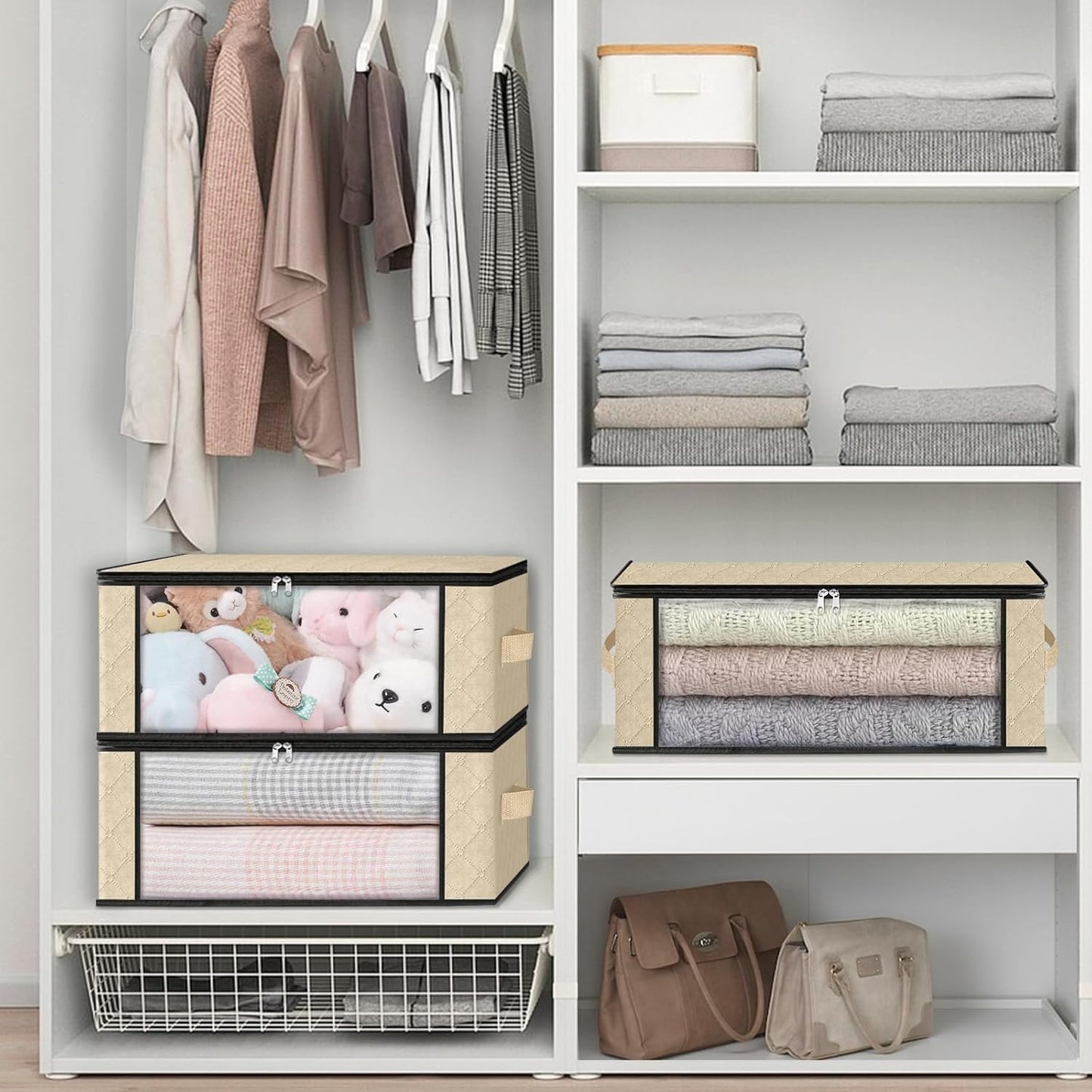HomeHacks Storage 4-Pack Clothes Organizer Storage Bags Foldable Storage Box with Large Clear Window Sturdy Handles for Closet, Dorm, Pillows, Bedding, Clothes, Blankets, 35L, Beige