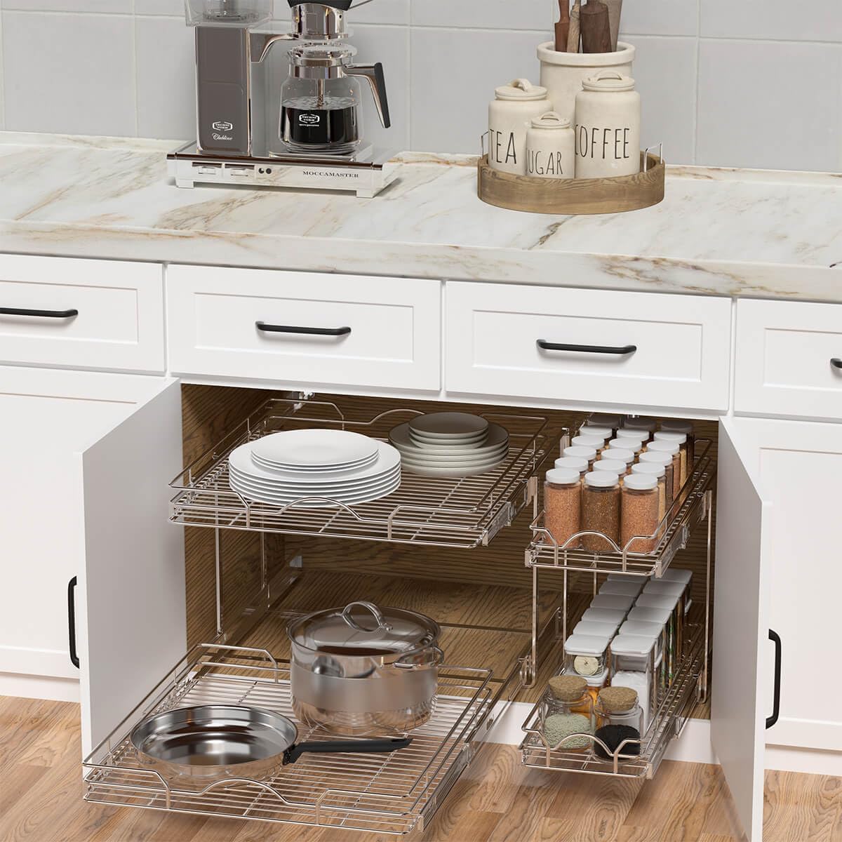 OCG 2 Tier Pull Out Cabinet Organizer (22.5" W x 21.5" D), Pull Out Drawers for Kitchen Cabinets, Pull Out Shelves for Base Cabinet Organization in Kitchen Bathroom Pantry, Chrome Finish