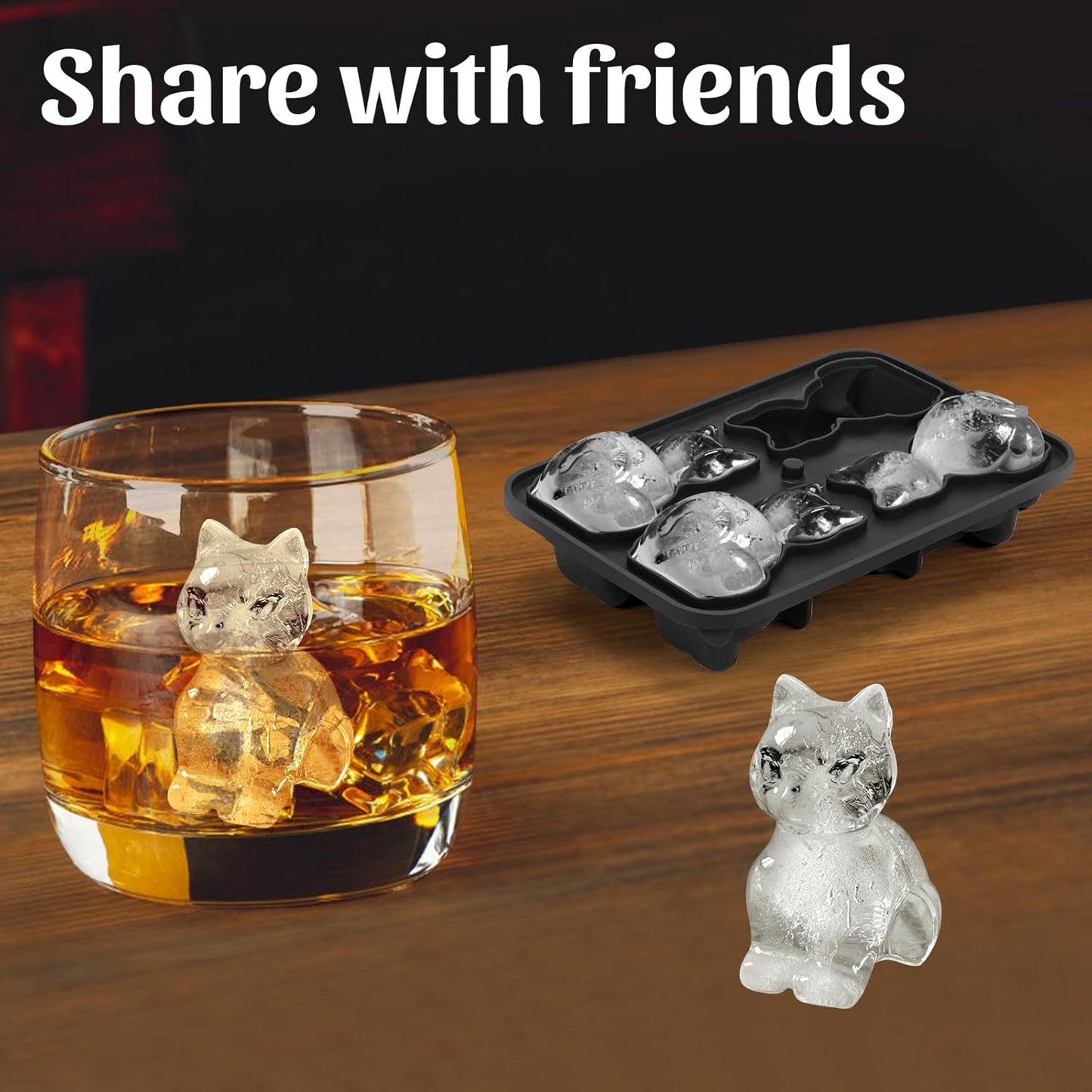 Silicone Ice Cube Tray,Cat 3D Large Ice Cube Molds for Whiskey,Cocktails,Wine,Juice and Bourbon,4 Big Cute Animal Ice Trays for Freezer with Lid Easy-Release BPA Free(Cat)