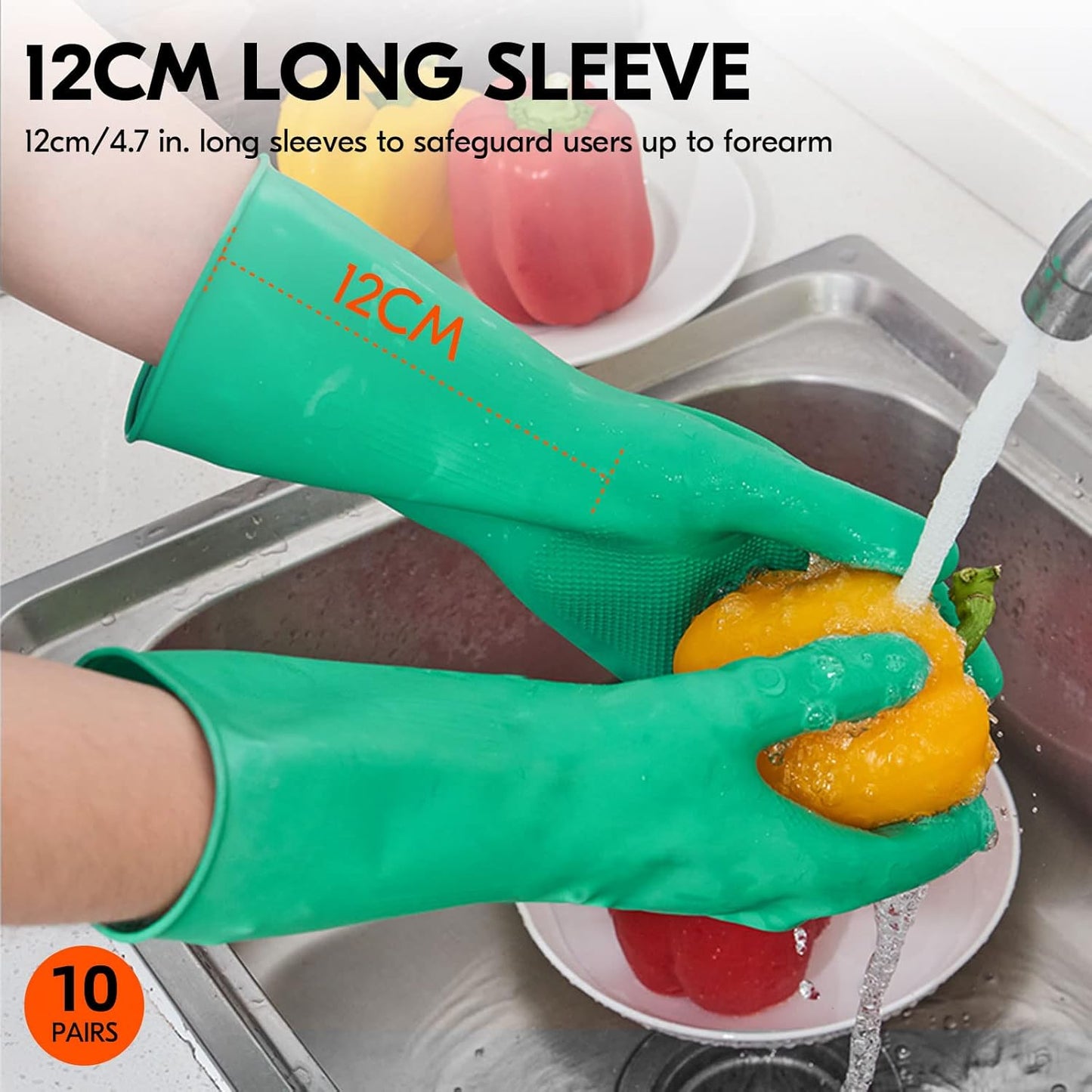 Vgo... 10-Pairs Reusable Household Gloves, Rubber Dishwashing gloves, Extra Thickness, Long Sleeves, Kitchen Cleaning, Working, Painting, Gardening, Pet Care (Size S, Green, HH4601)