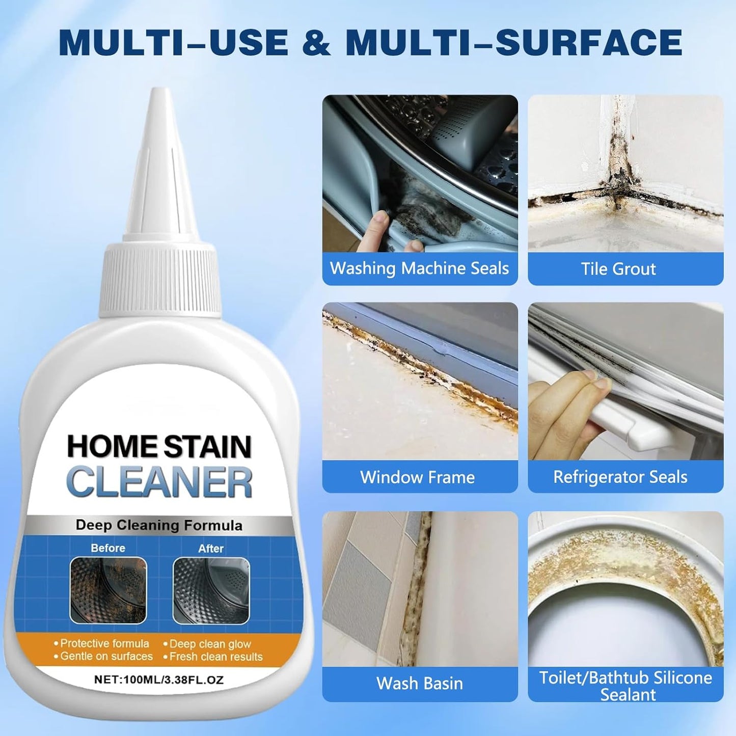 Home Stain Cleaner Gel, Washing Machine Cleaner with Brush, Deep Cleaning All-Purpose Gel for Washing Machine, Refrigerator Strips, Household Shower, Kitchen Sinks, Walls, Tiles, Bathrooms (100 ML)