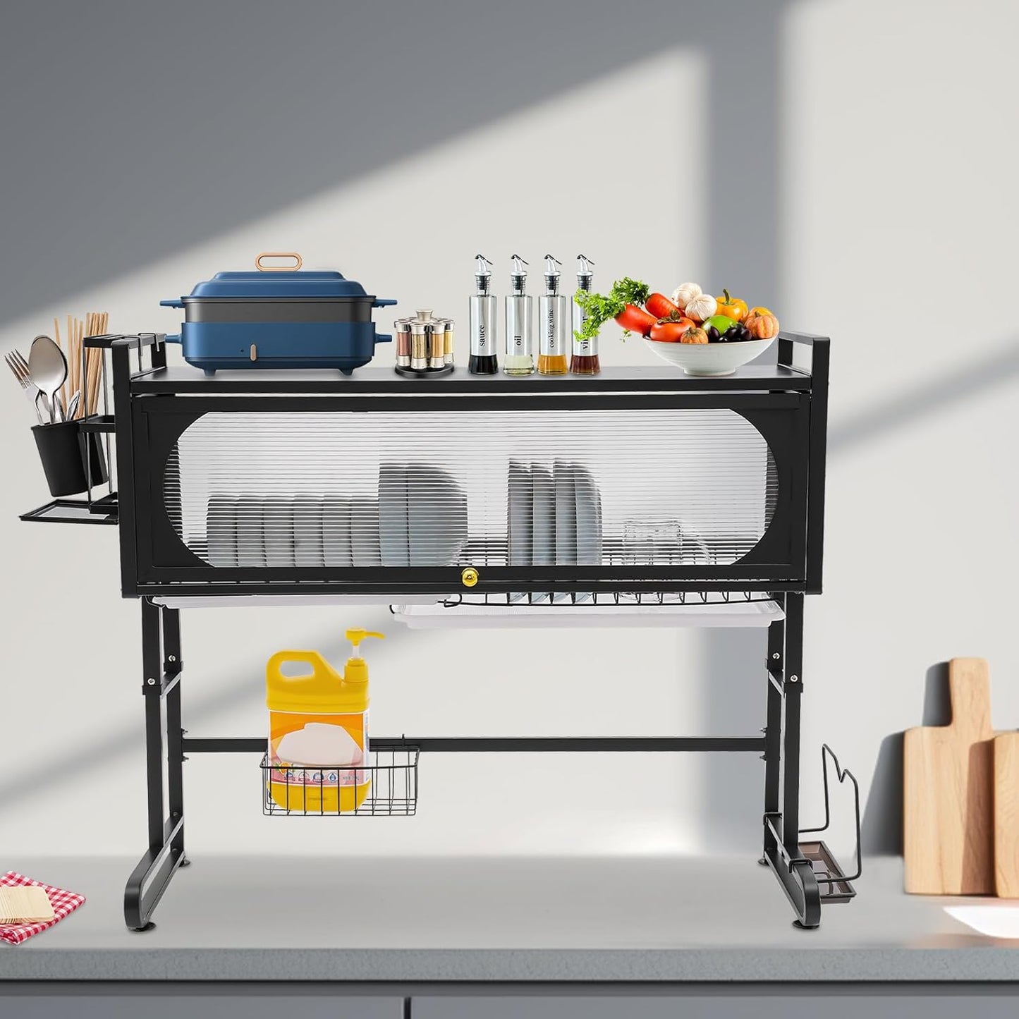 3 Tier Over The Sink Dish Drying Rack W/Clear Cabinet Door, Adjustable Dish Drainer Rack, Black Large Dish Rack, Expandable Shelf Rack W/ Utensil Holder, Dish Drainer Kitchen Organizer for Home Use